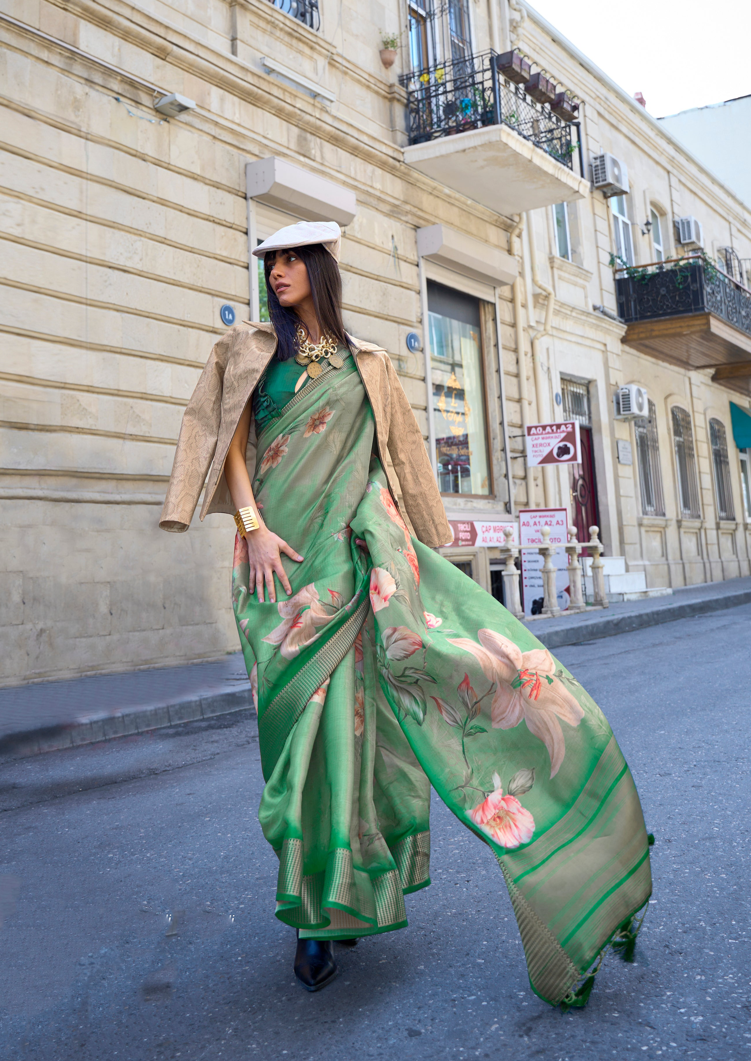 Verdant Green Organza Printed Satin Silk Saree