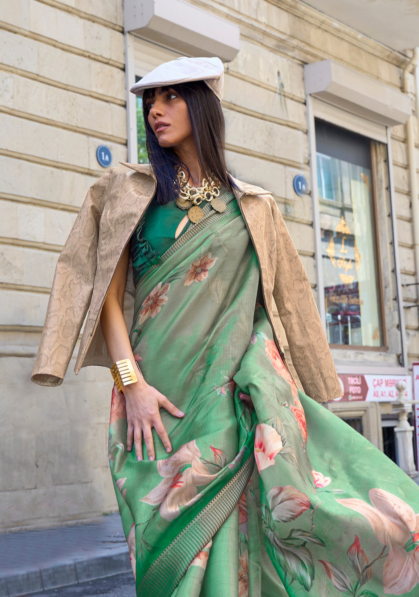 Verdant Green Organza Printed Satin Silk Saree