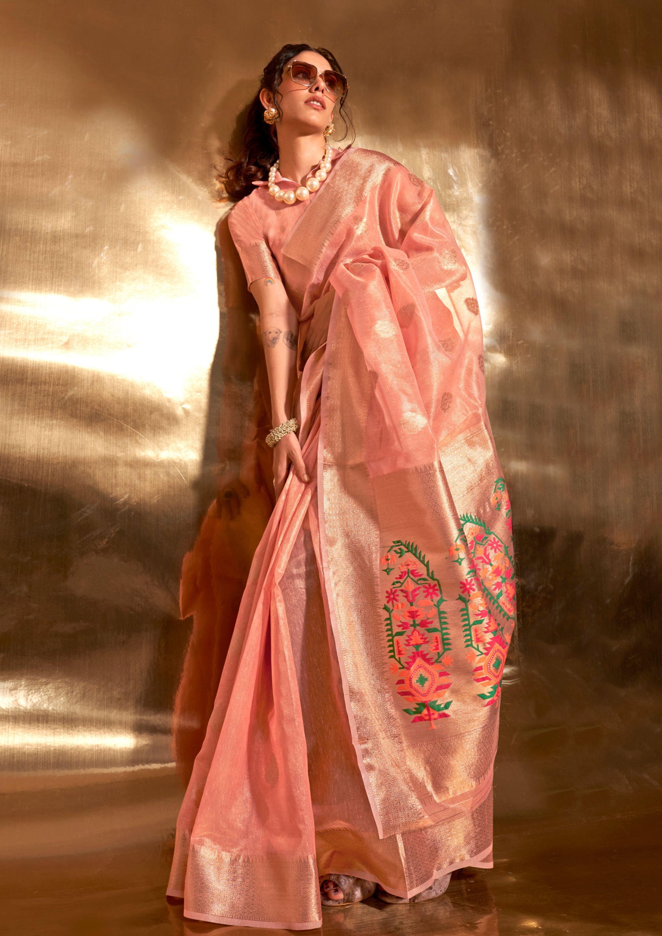 Rose Pink Zari Woven Paithani Tissue Saree