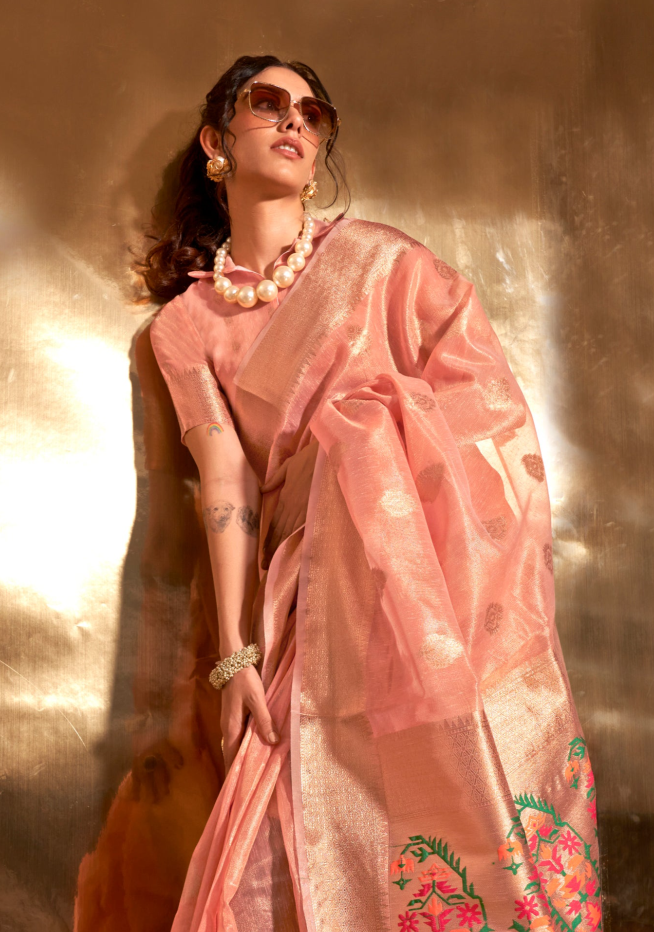 Rose Pink Zari Woven Paithani Tissue Saree