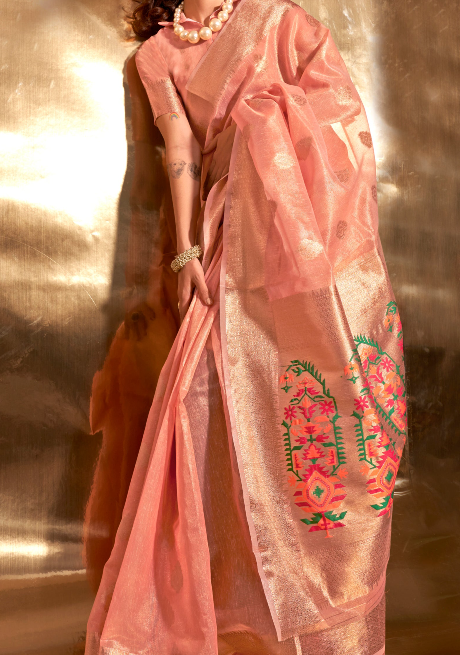 Rose Pink Zari Woven Paithani Tissue Saree