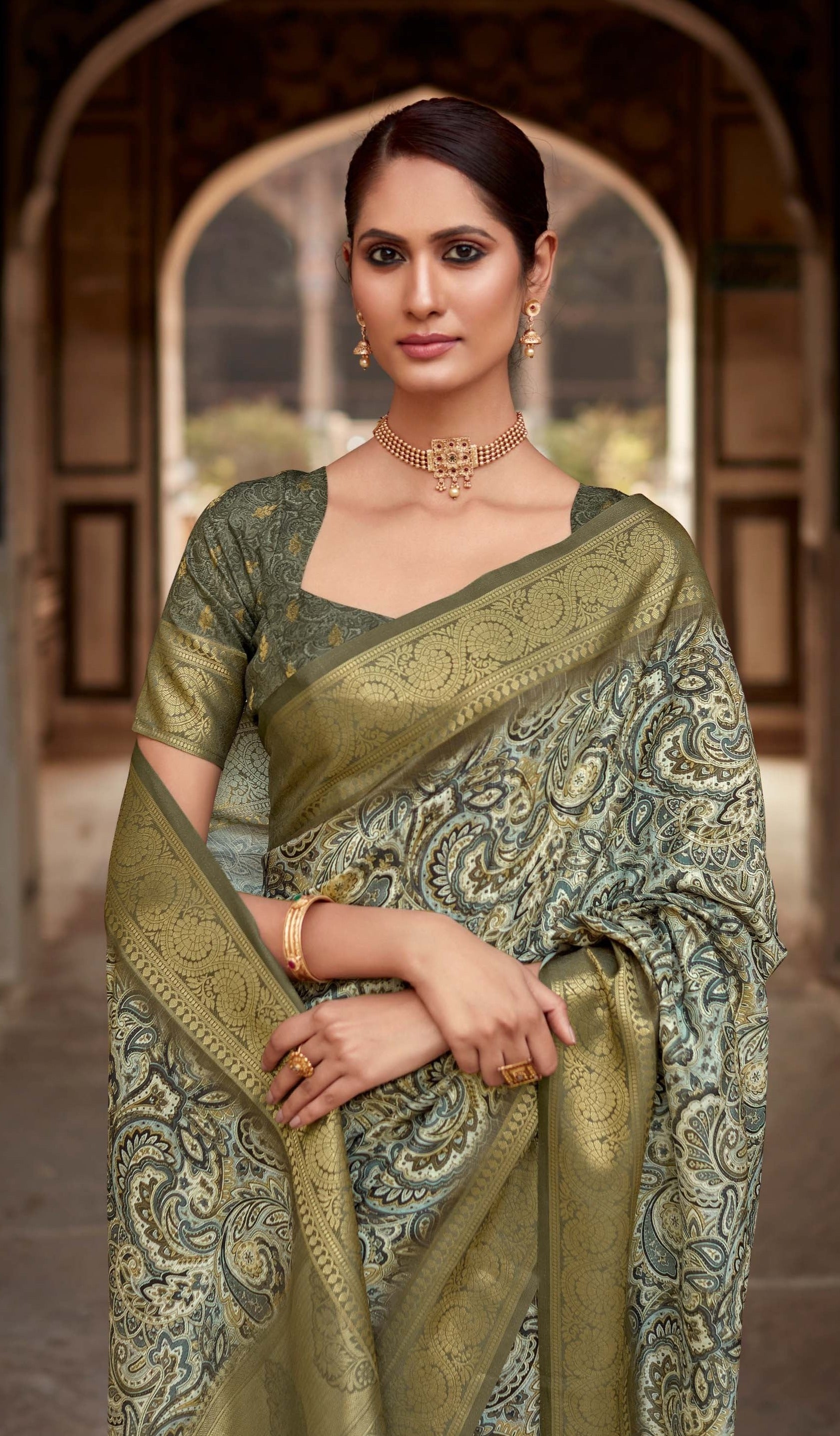 Elegant Mint Green Banarasi Printed Silk Saree: