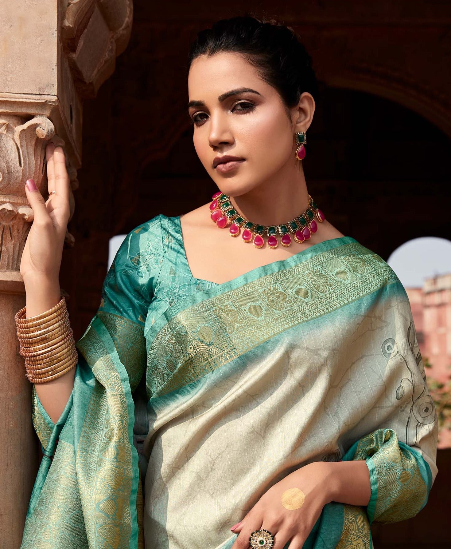 Jade Green Digital Printed Soft Silk Saree