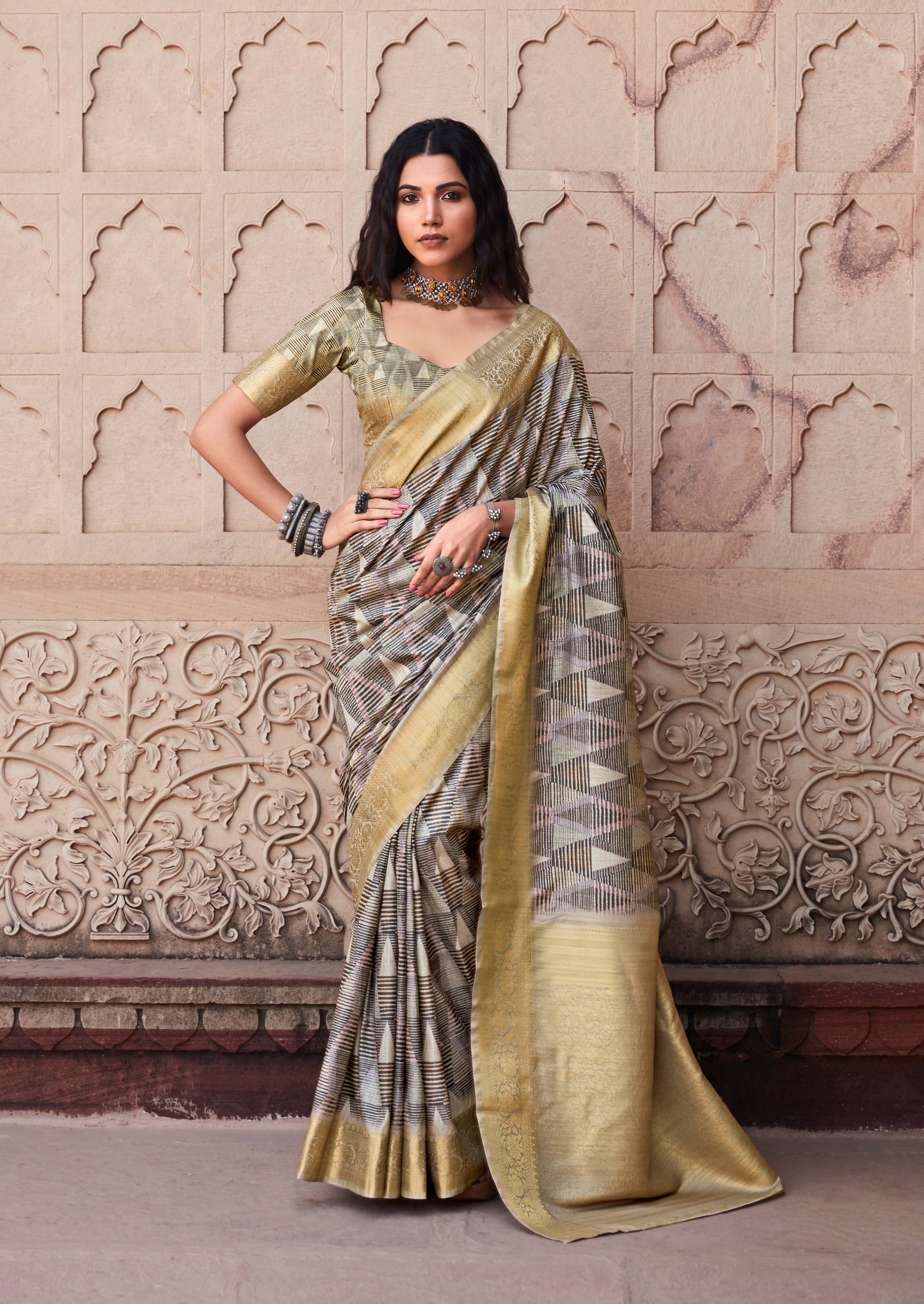 Anchor Grey Handloom Banarasi Silk Saree