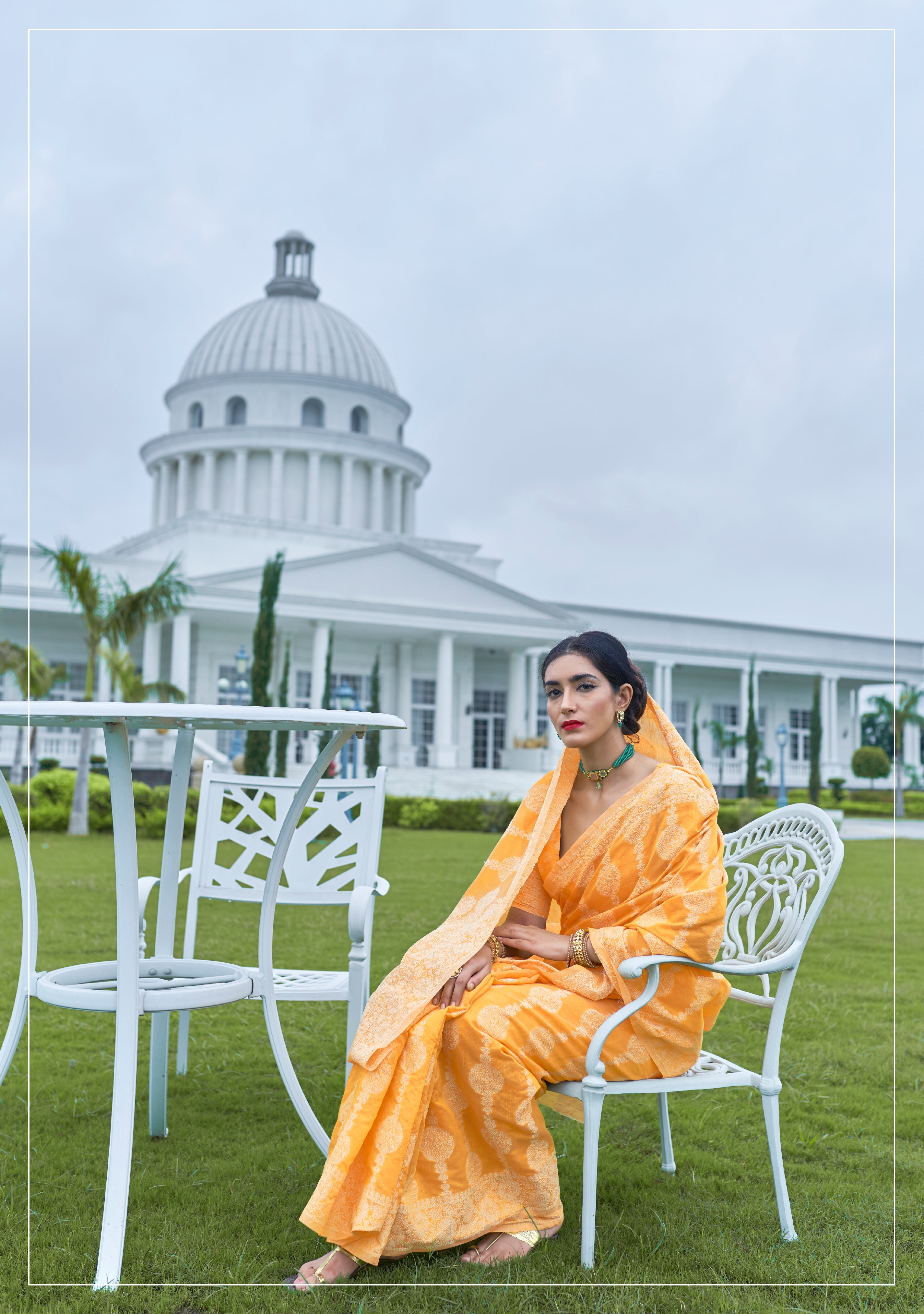 Amber Yellow Lucknowi Chikankari Cotton Saree