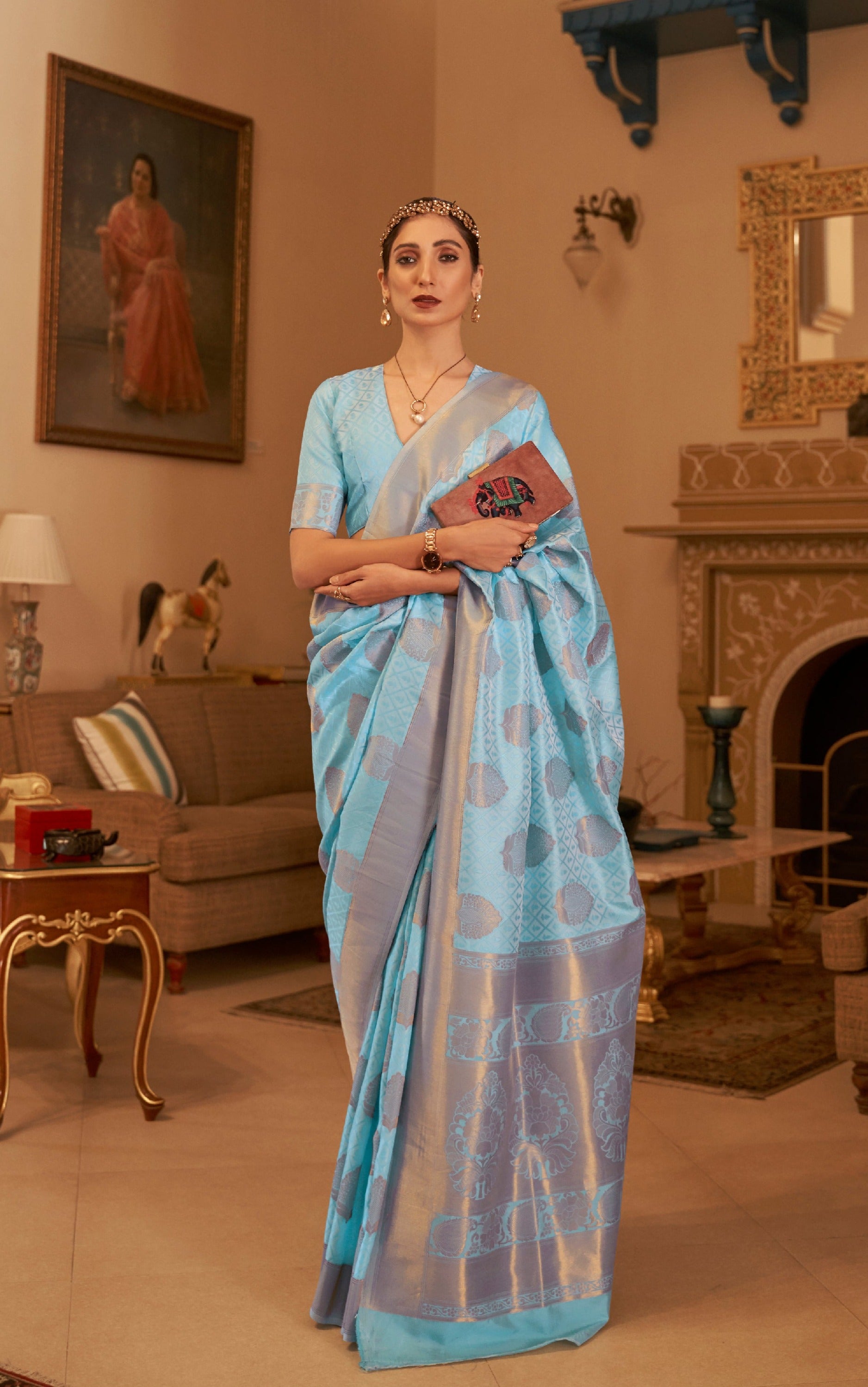 Pastel Sky Blue Banarasi Copper Zari Silk Saree