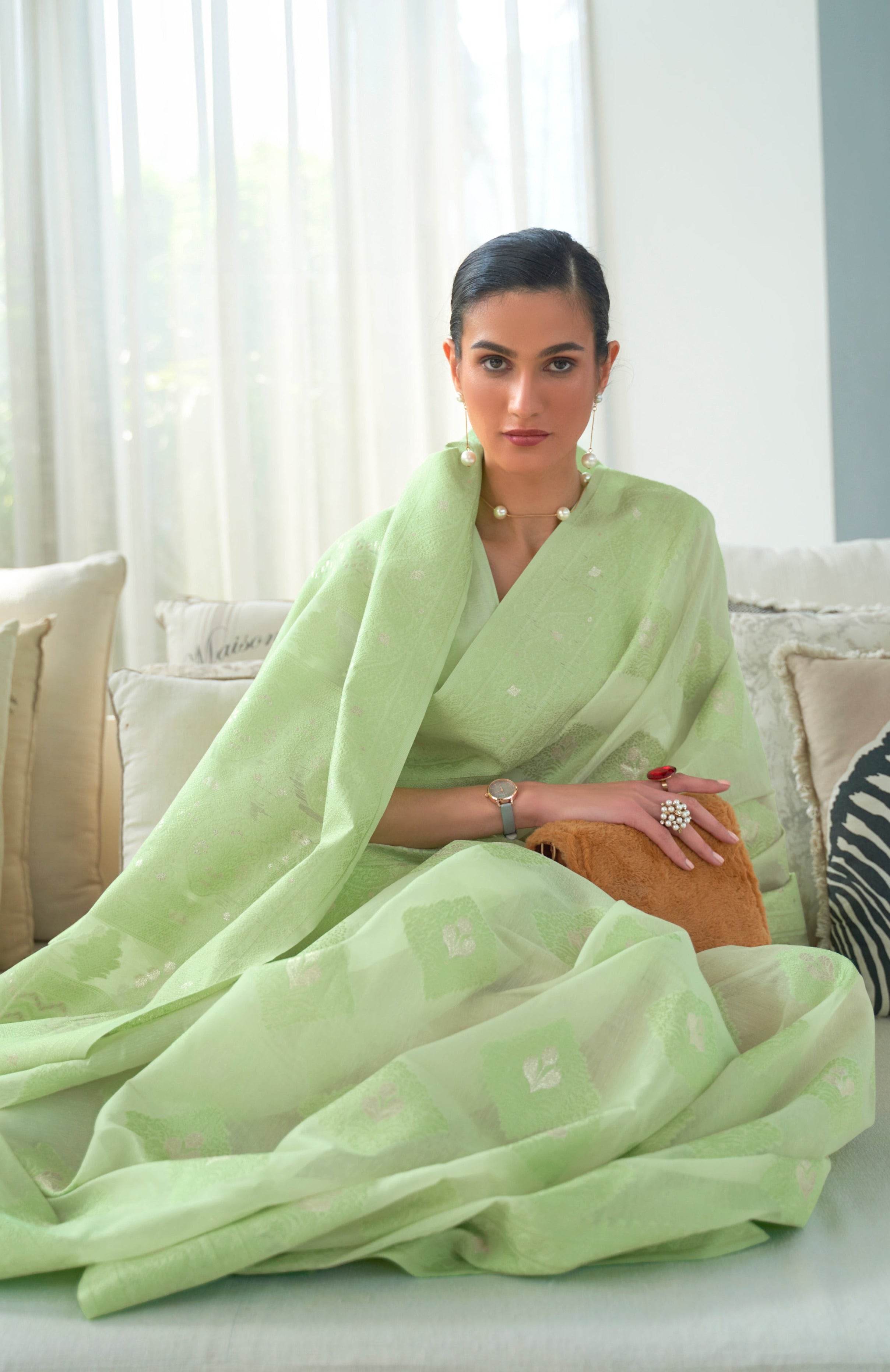 Opulent Pale Green Lucknowi Chikankari Woven Silk Saree