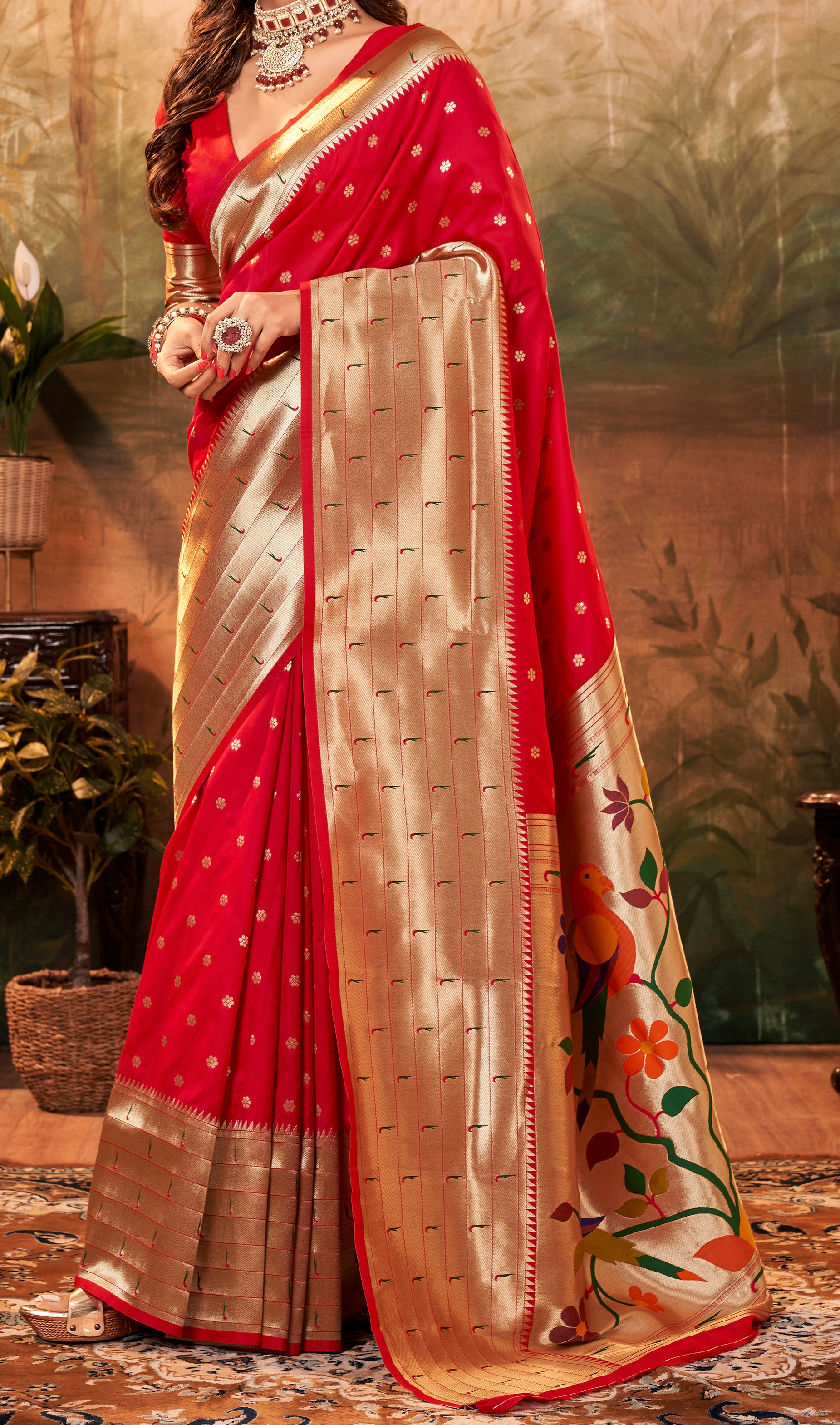 Citrusy Royal Red Pure Paithani Silk with Zari Weaving  Saree