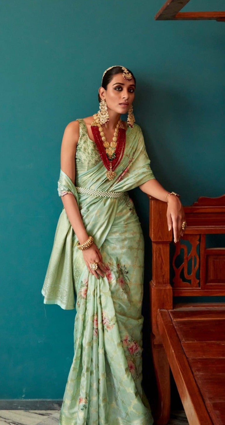 Teal Green Woven Banarasi Floral Printed Silk Saree