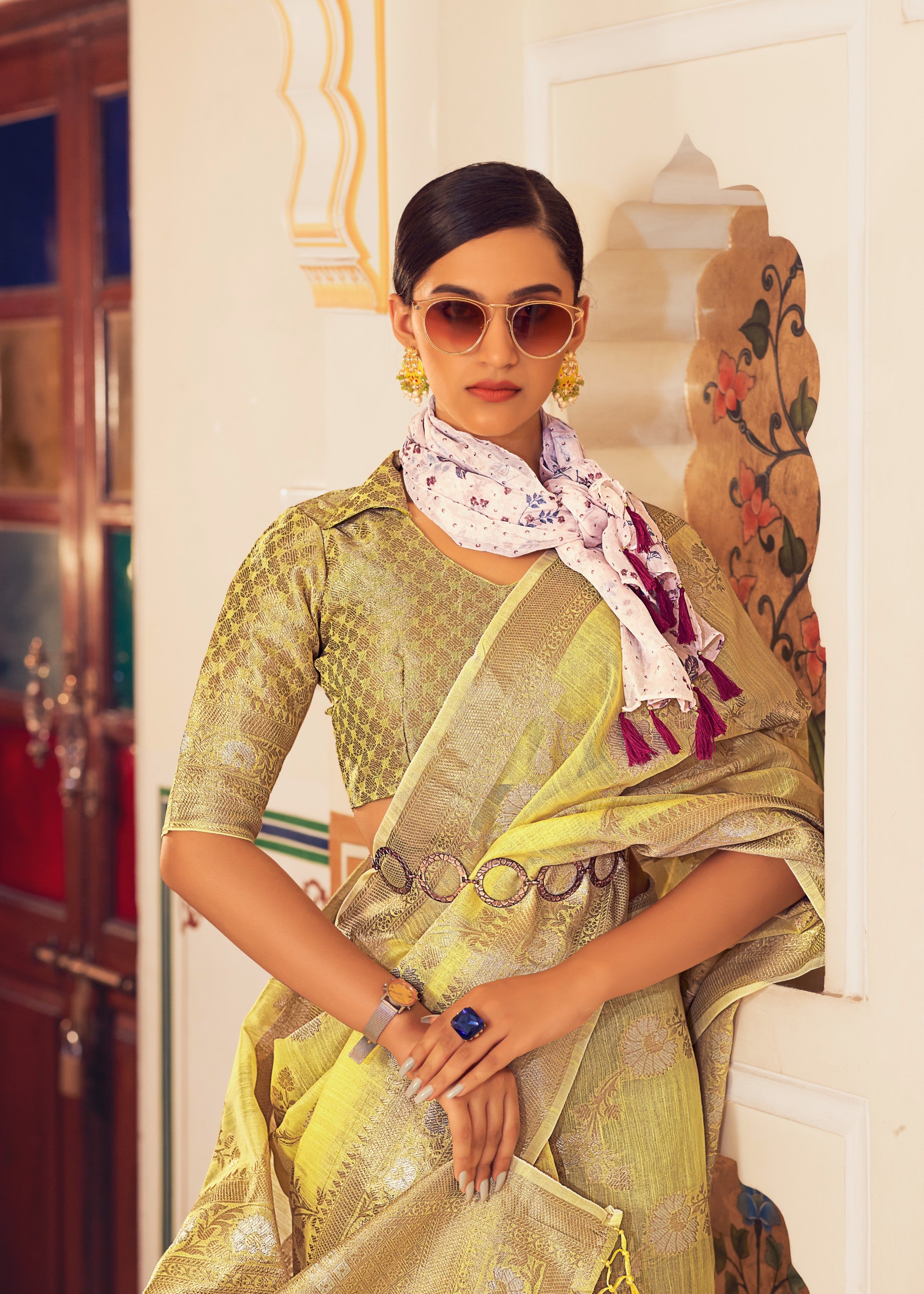 Lemon Yellow Designer Linen Silk Saree