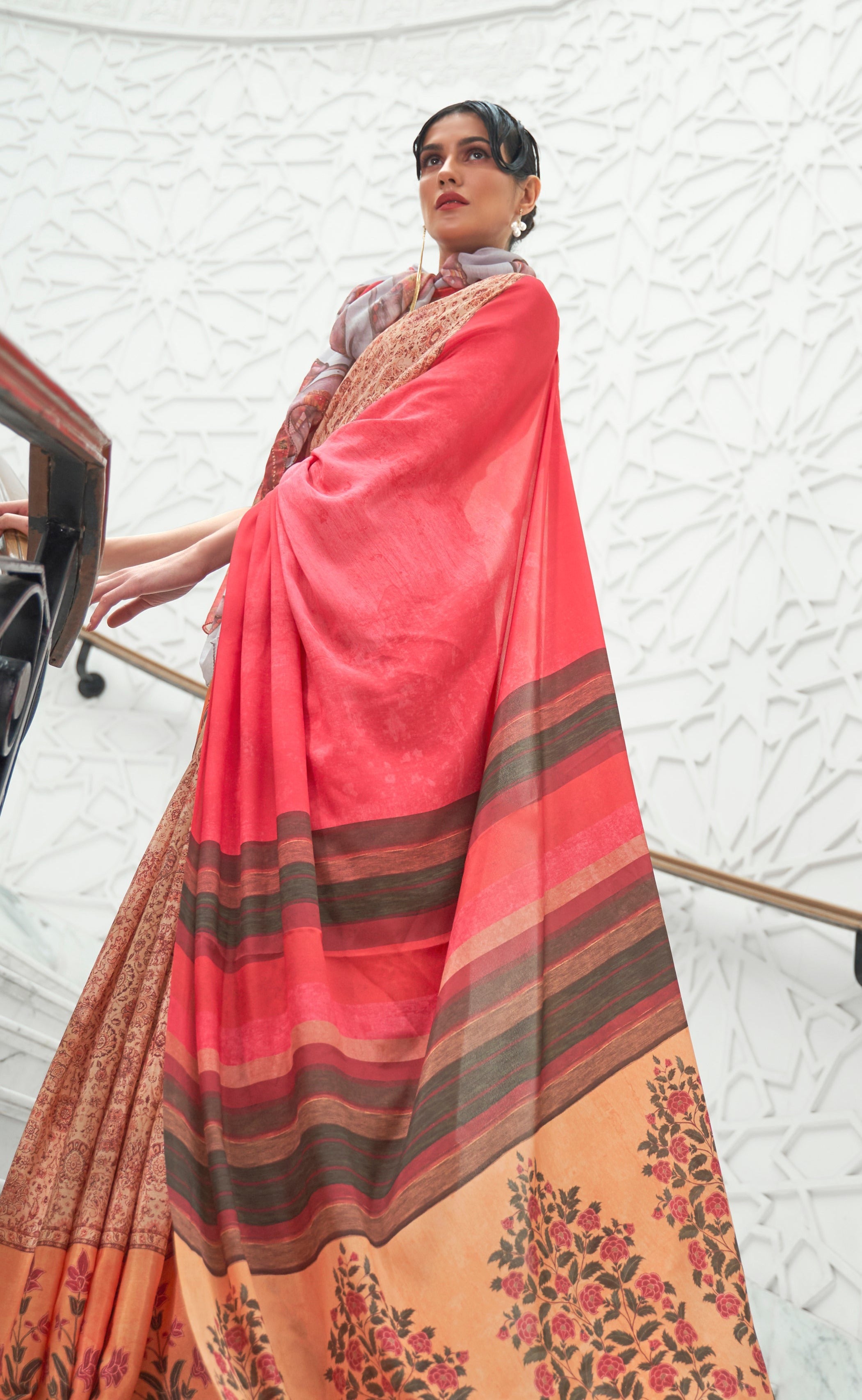 Vibrant Orange Kalamkari Printed Crepe Saree