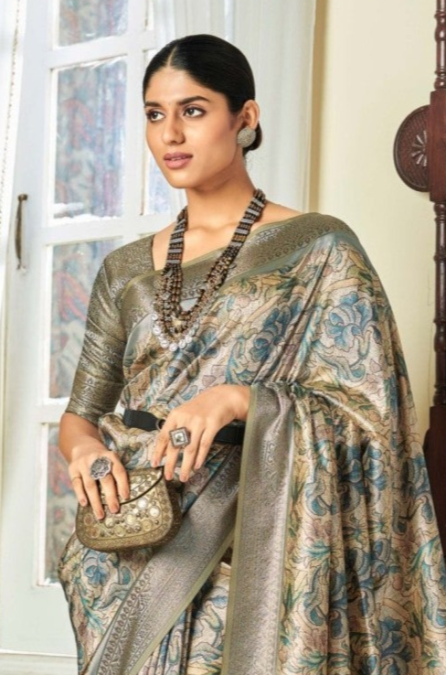 Elegant Olive Green Banarasi Satin Silk Saree