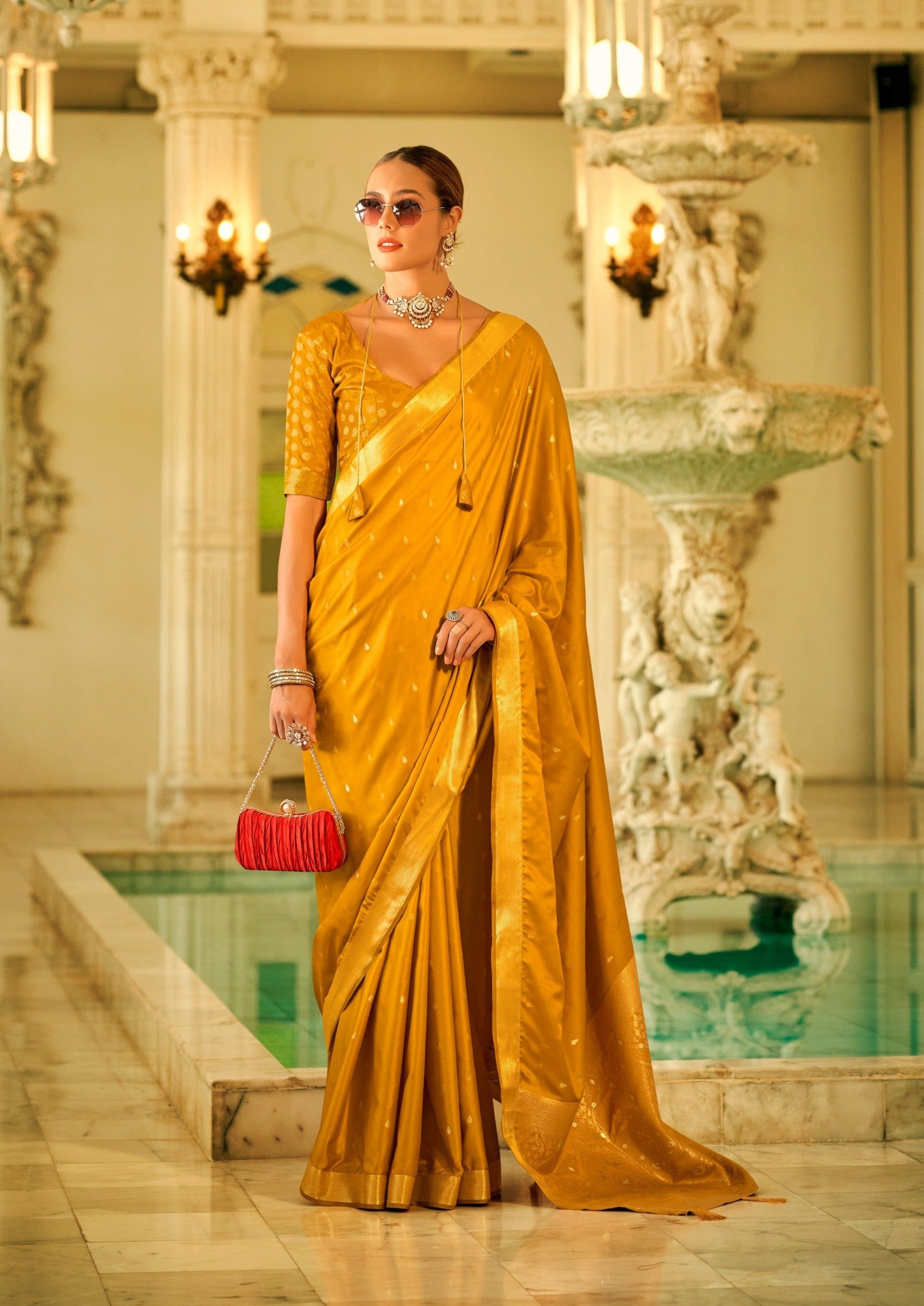 Elegant Golden Zari Woven Satin Silk Saree