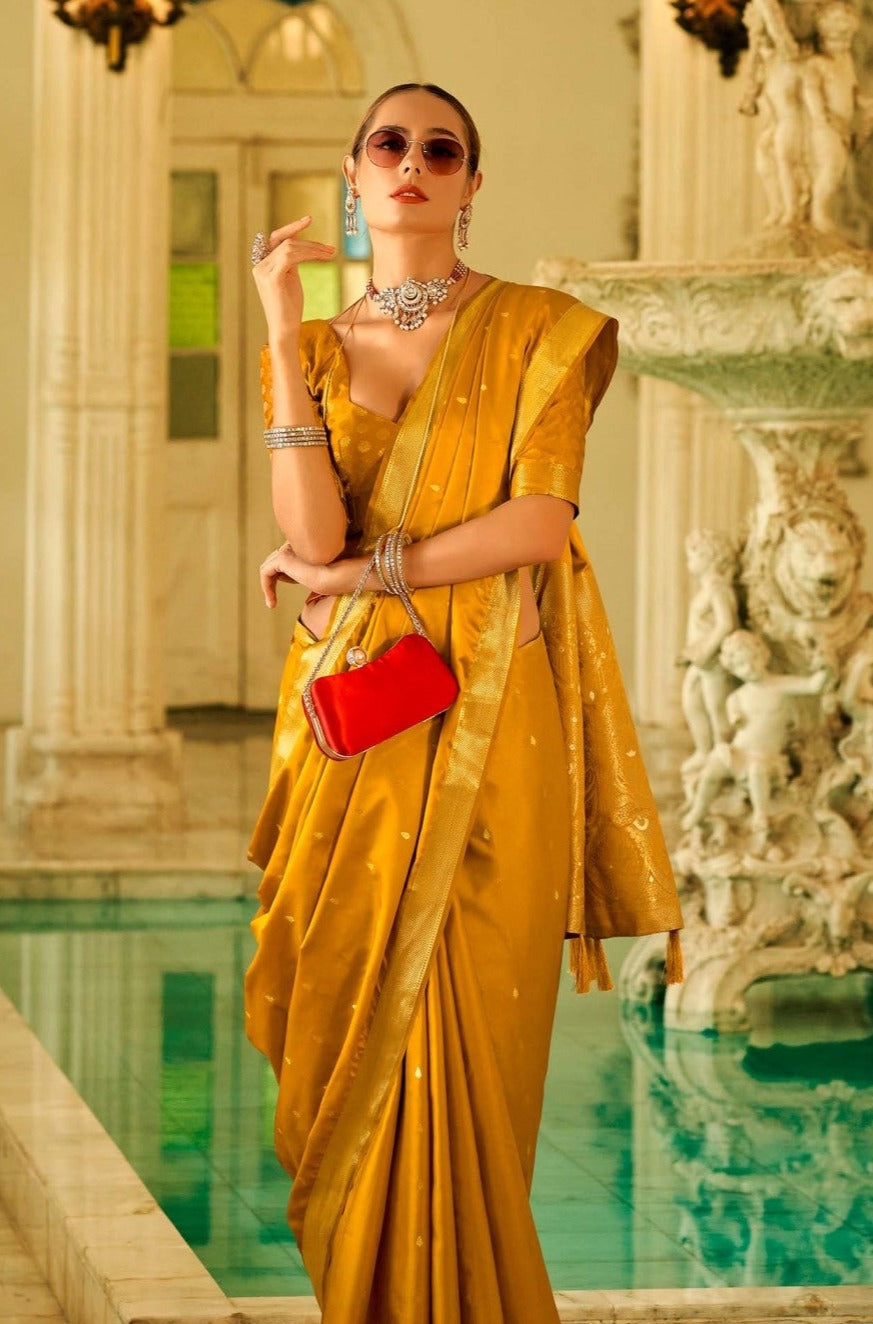 Elegant Golden Zari Woven Satin Silk Saree