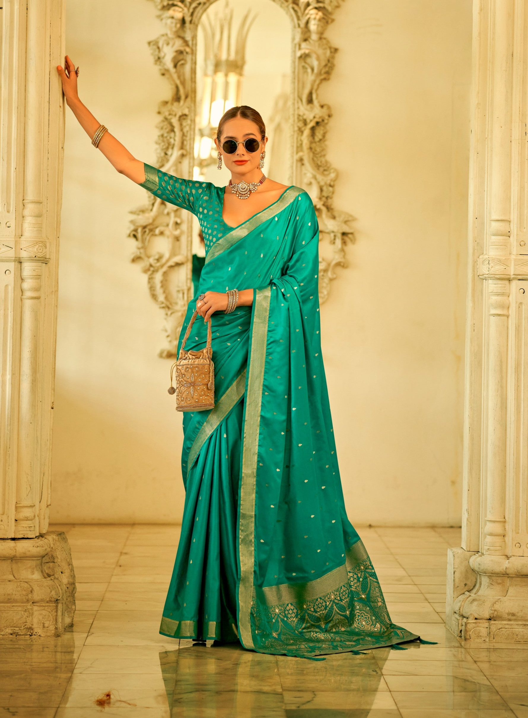 Elegant Turquoise Zari Woven Satin Silk Saree