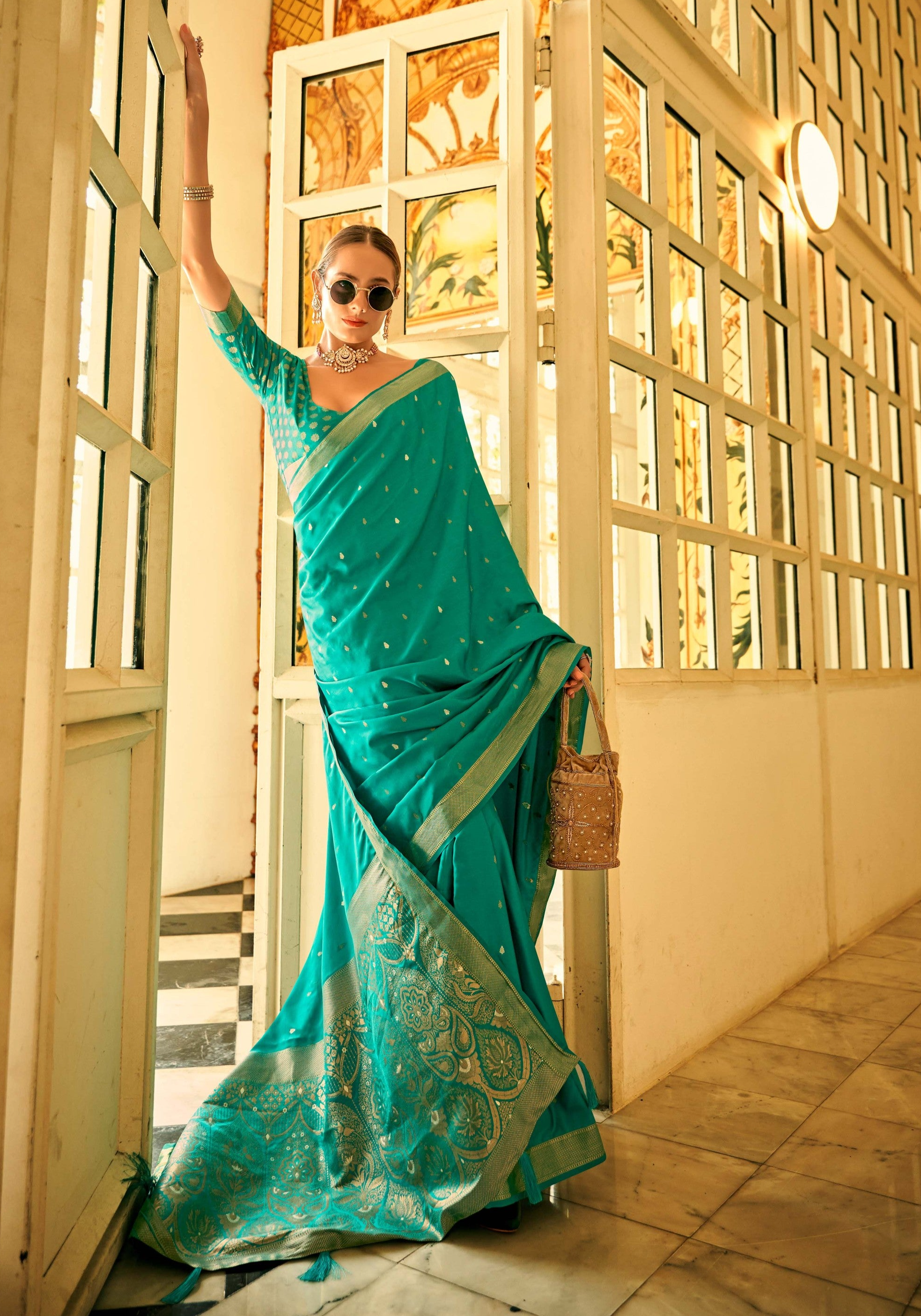 Elegant Turquoise Zari Woven Satin Silk Saree