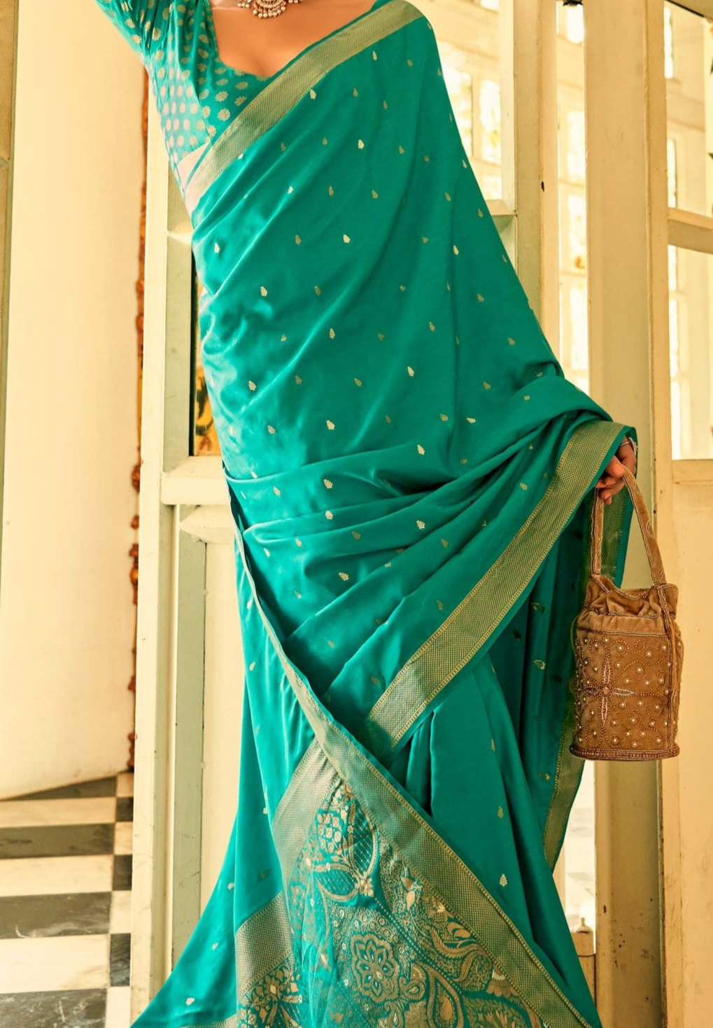 Elegant Turquoise Zari Woven Satin Silk Saree