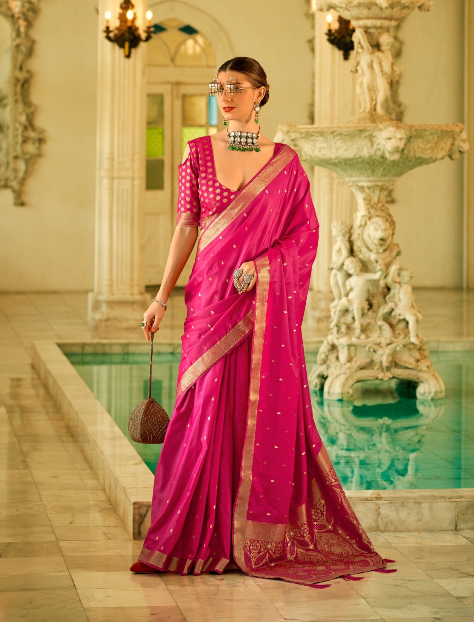 Elegant Dark Pink Zari Woven Satin Silk Saree