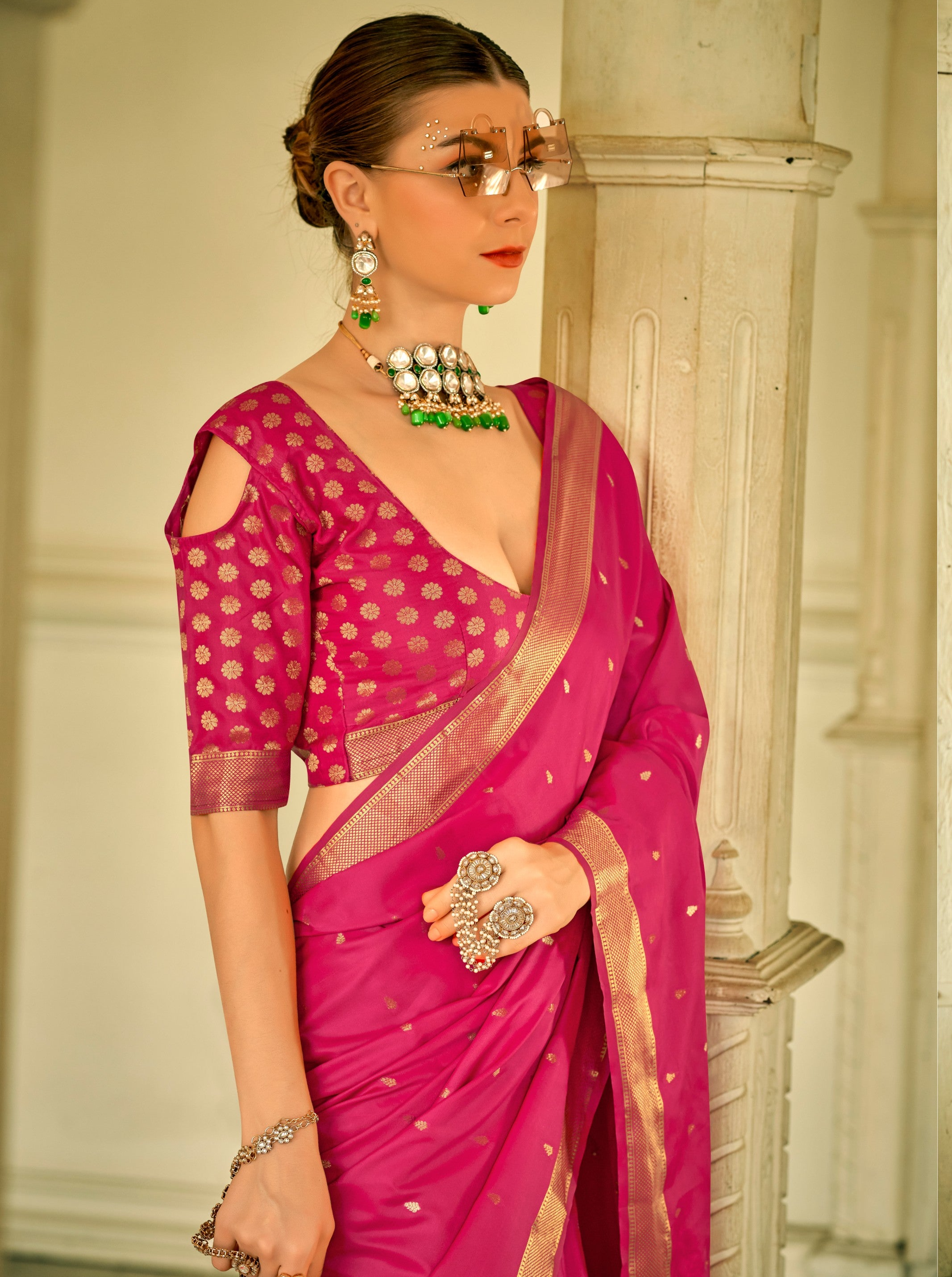 Elegant Dark Pink Zari Woven Satin Silk Saree