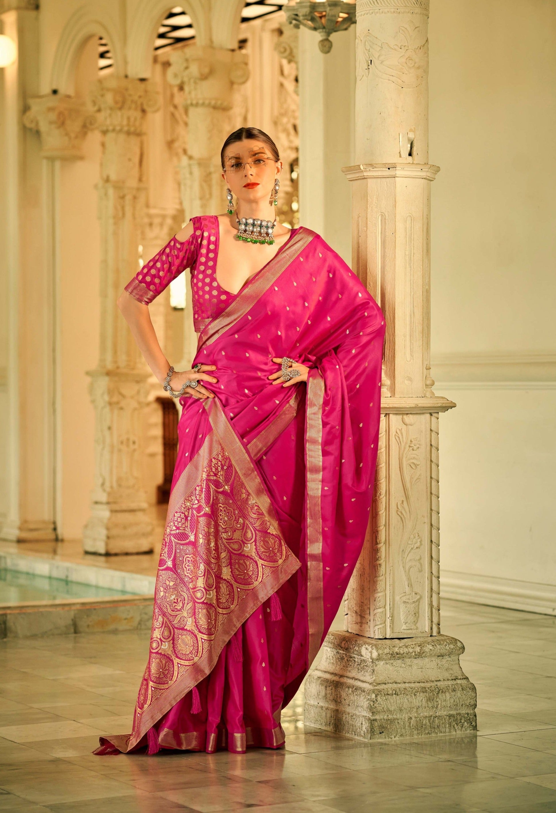 Elegant Dark Pink Zari Woven Satin Silk Saree