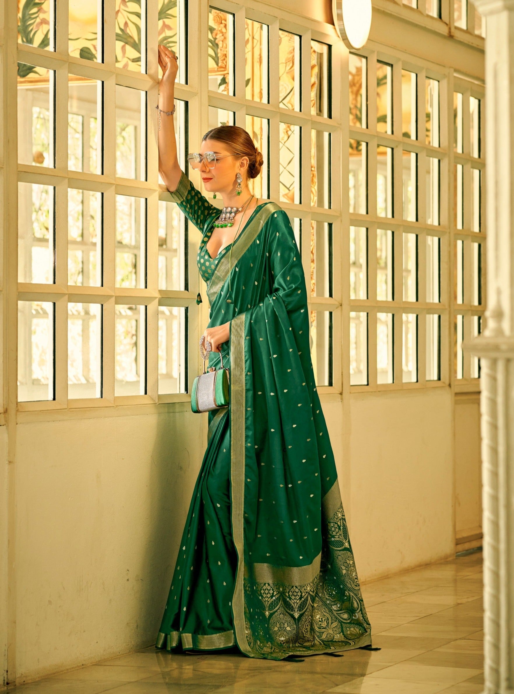 Elegant Dark Green Zari Woven Satin Silk Saree