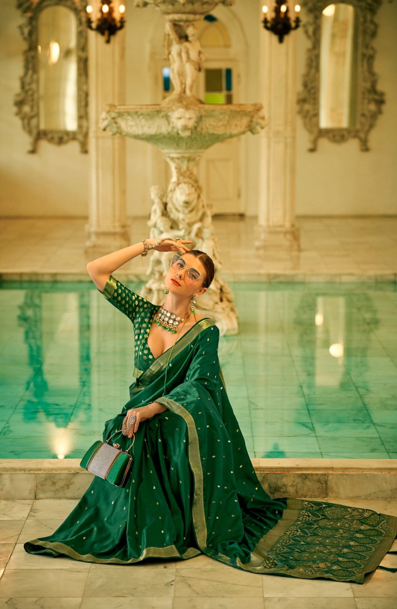 Elegant Dark Green Zari Woven Satin Silk Saree