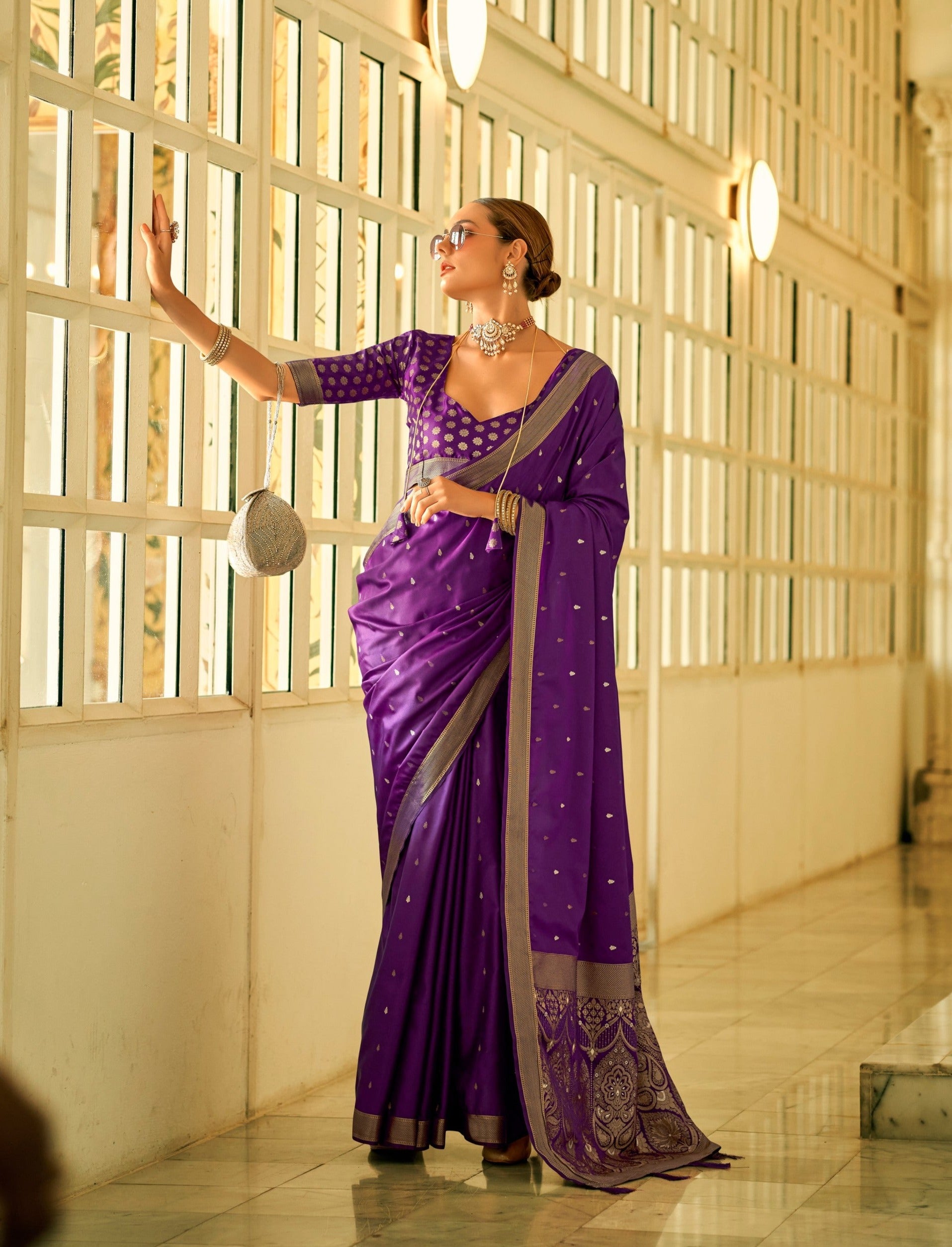 Elegant Purple Zari Woven Satin Silk Saree