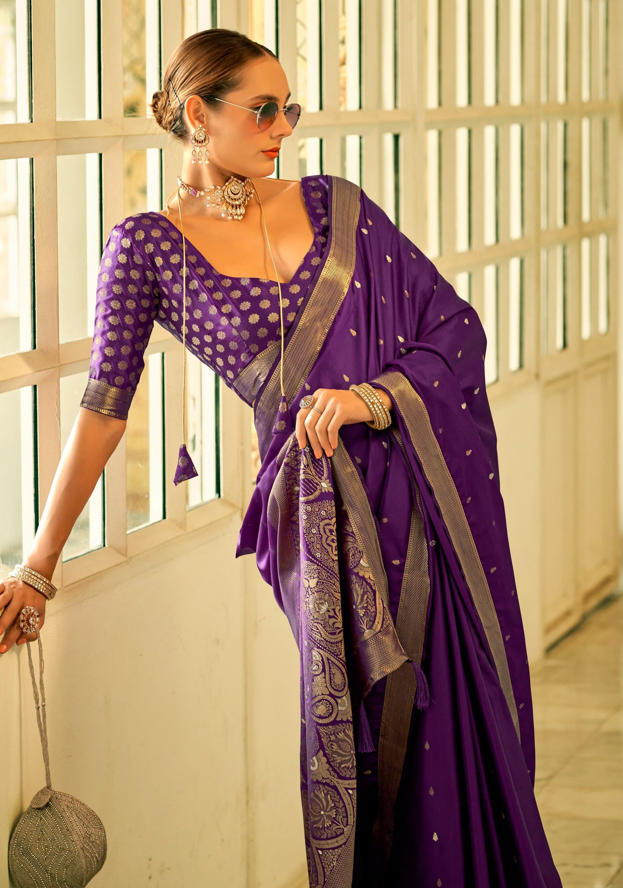 Elegant Purple Zari Woven Satin Silk Saree