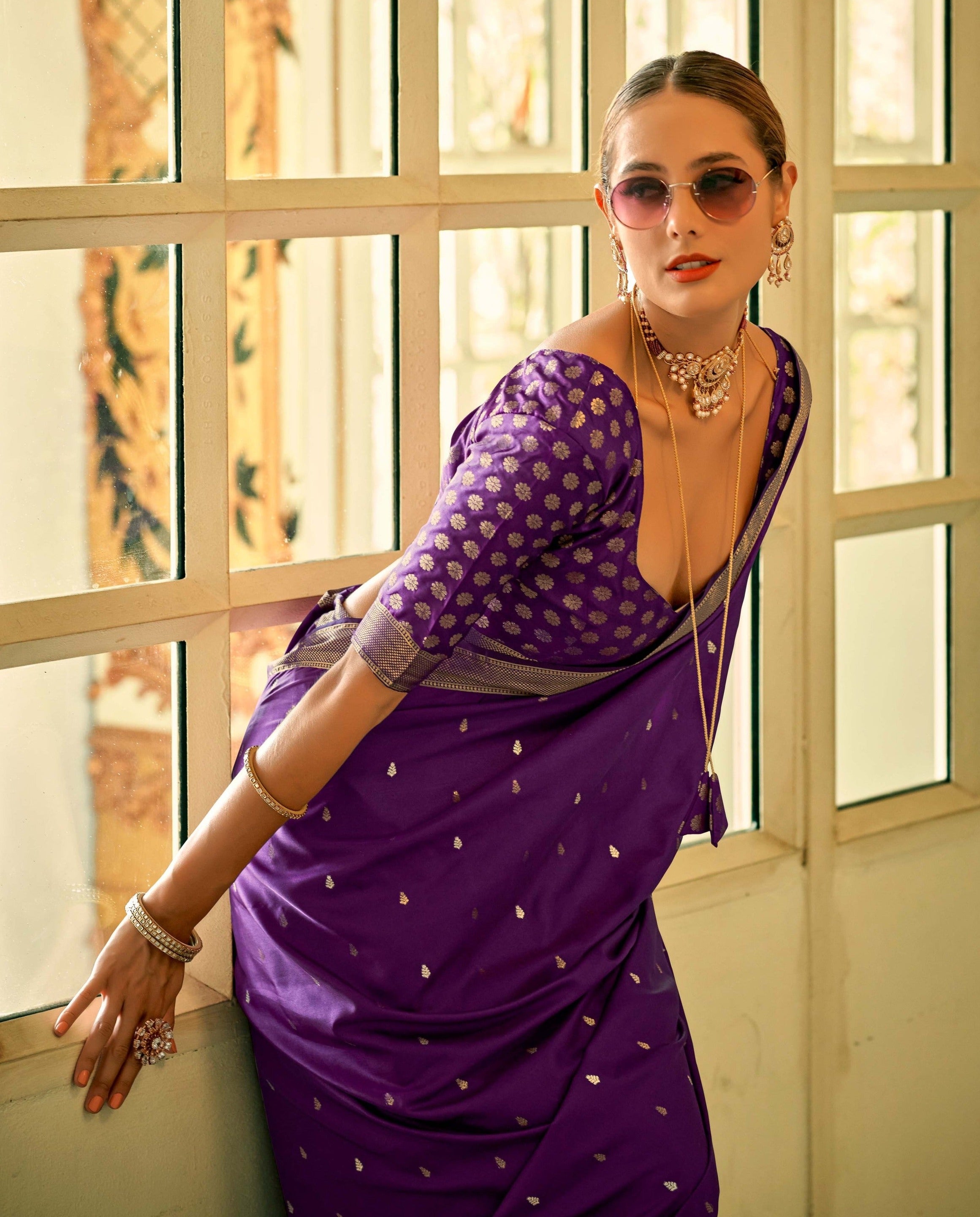 Elegant Purple Zari Woven Satin Silk Saree