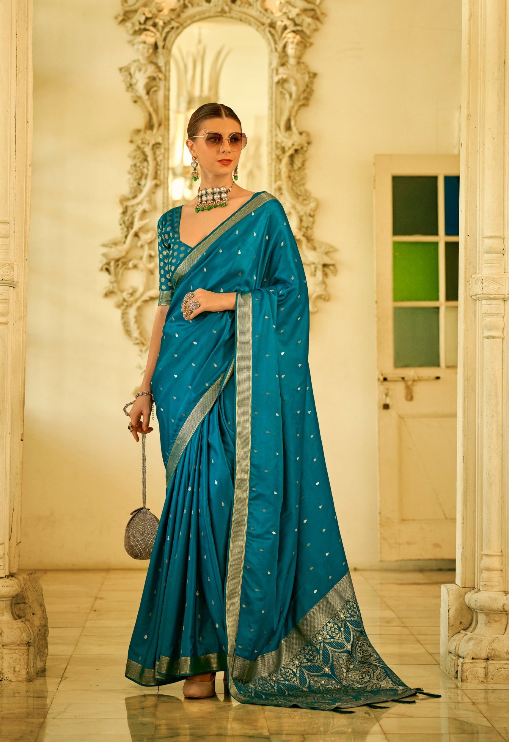 Royal Green Zari Woven Satin Silk Saree