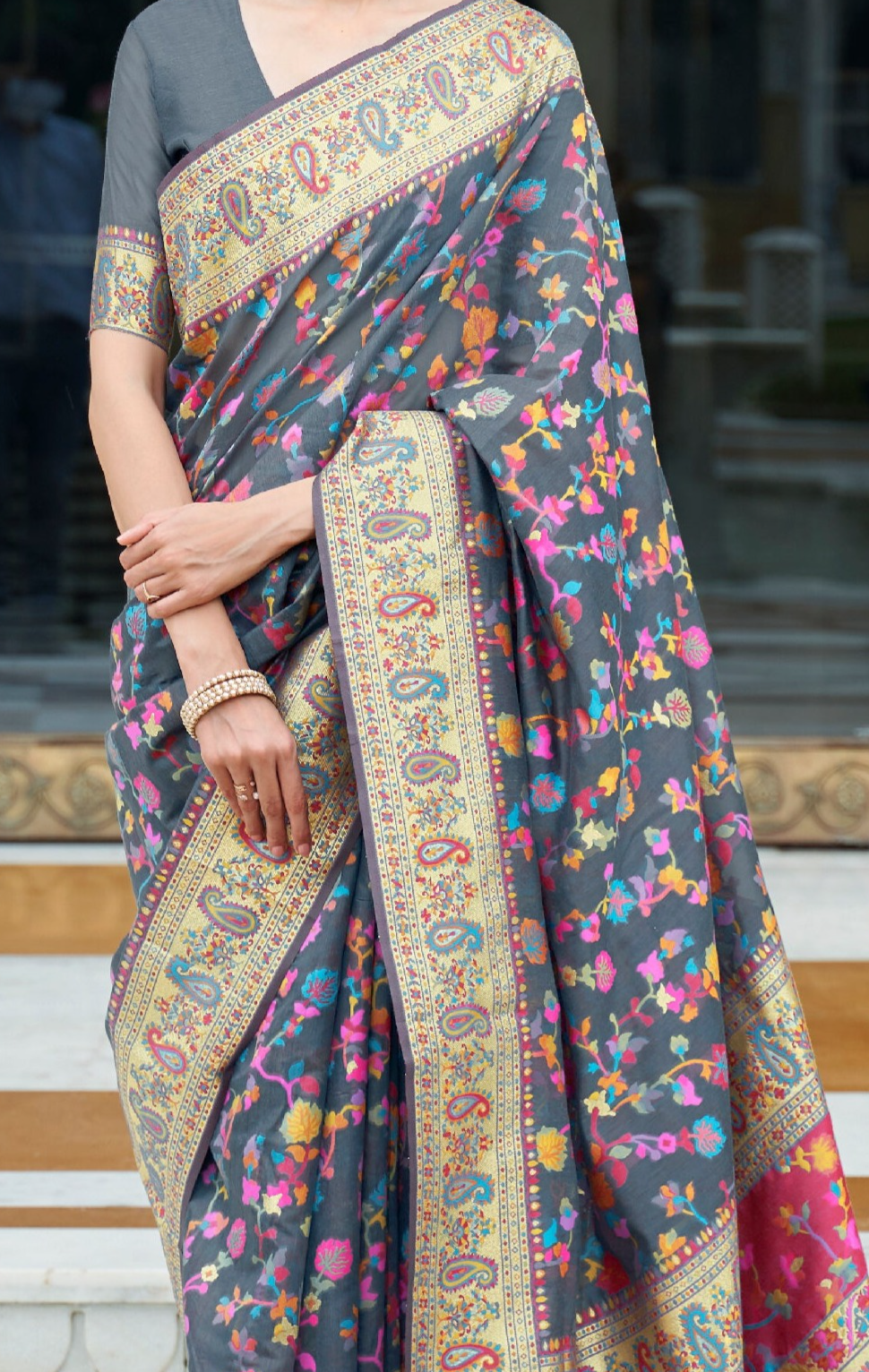 Sophisticated Grey Kashmiri Modal Silk Saree