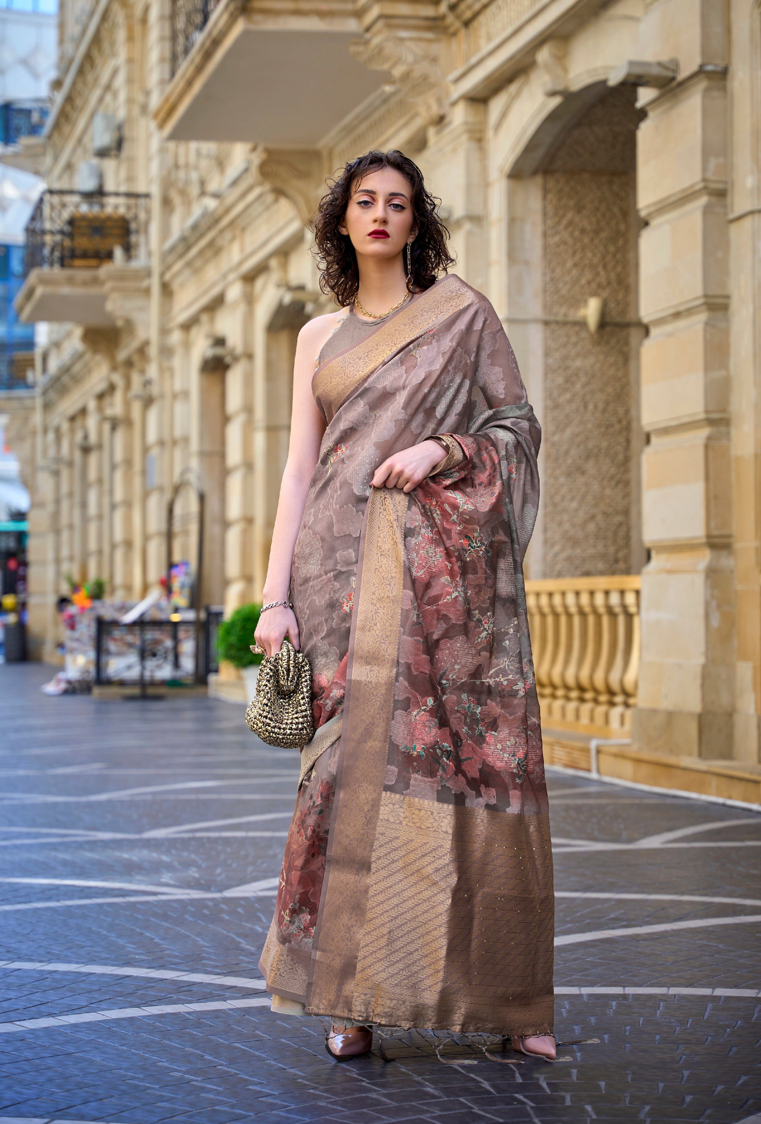 Sandy Serenity Light Brown Handloom Poly Brasso Saree