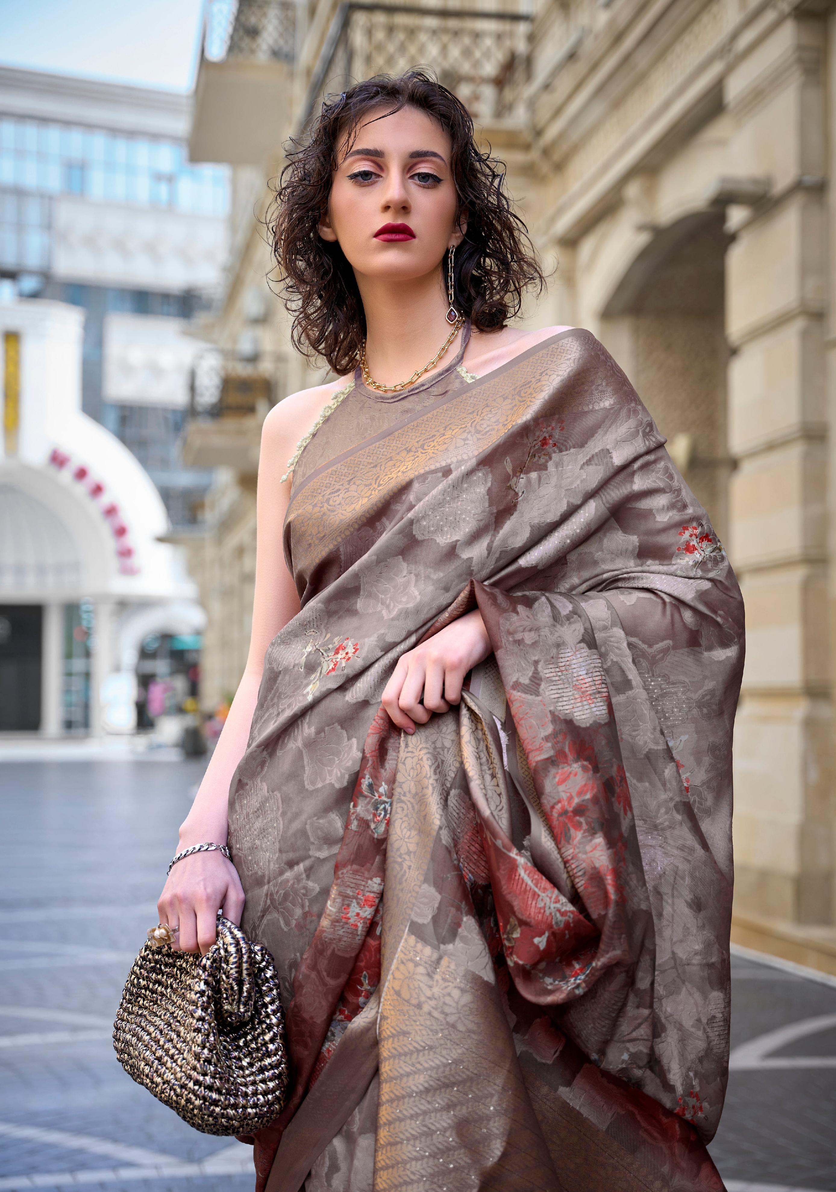 Sandy Serenity Light Brown Handloom Poly Brasso Saree