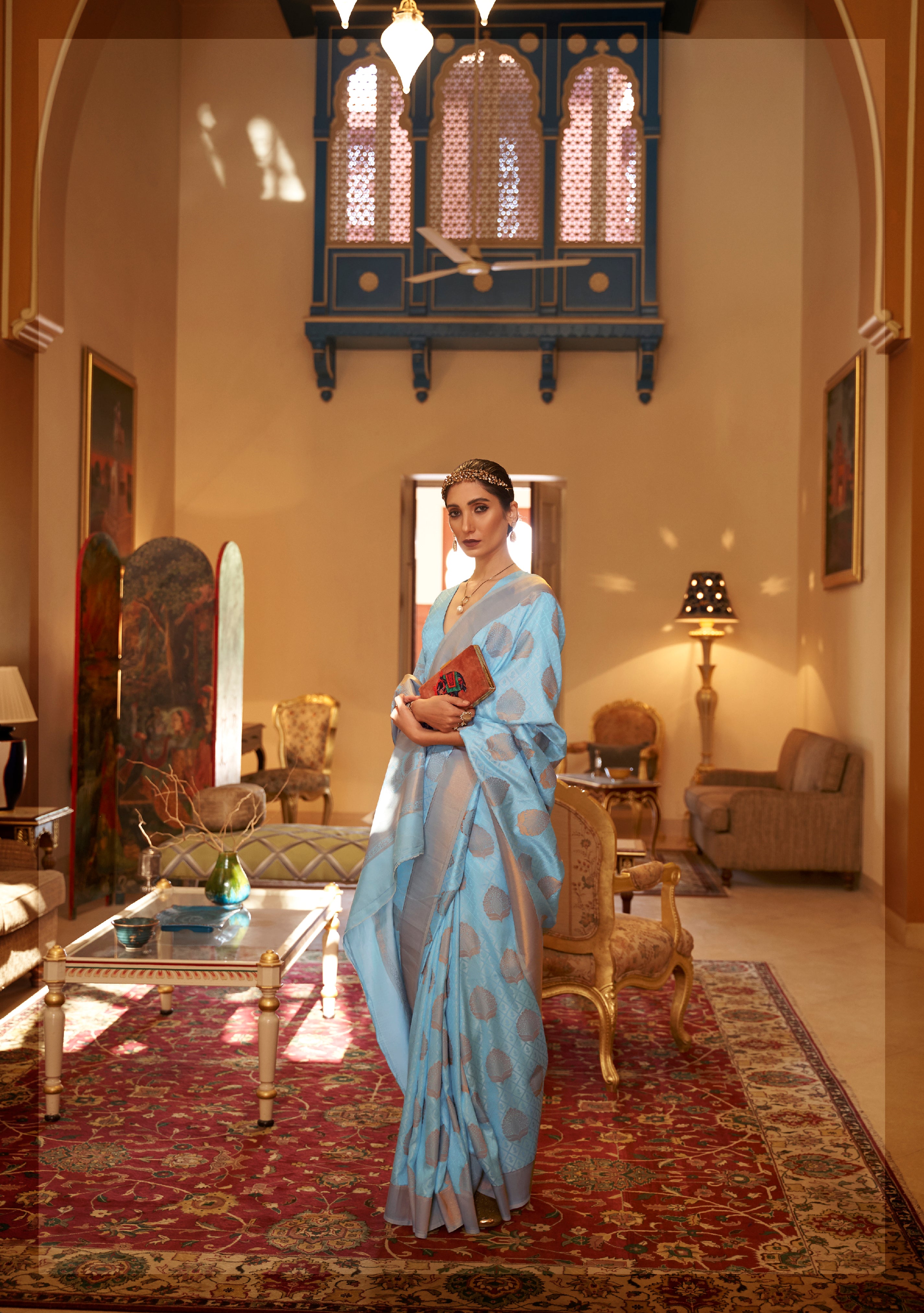 Pastel Sky Blue Banarasi Copper Zari Silk Saree