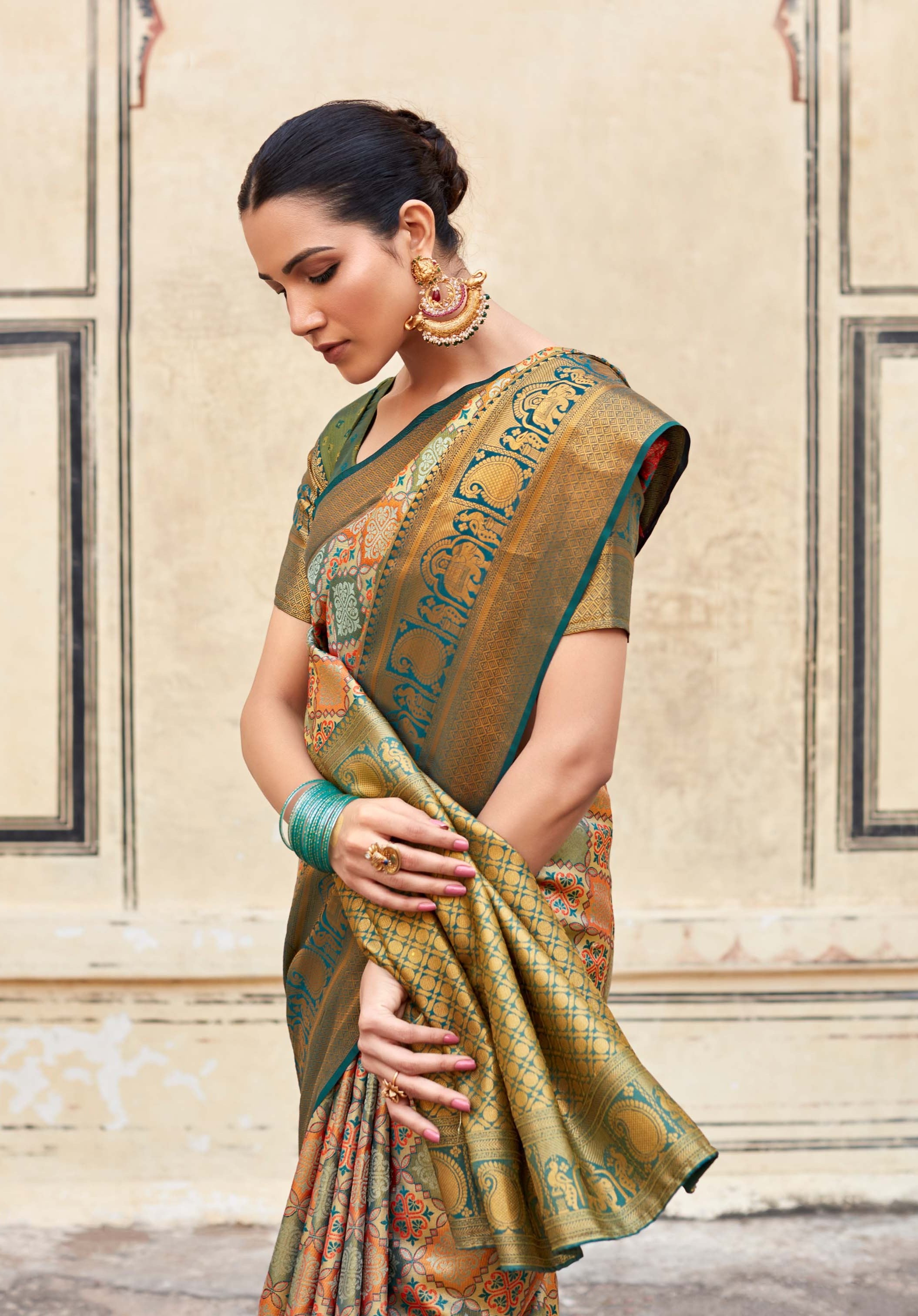 Greenery Enchantment - Green and Brown Woven Banarasi Silk Saree