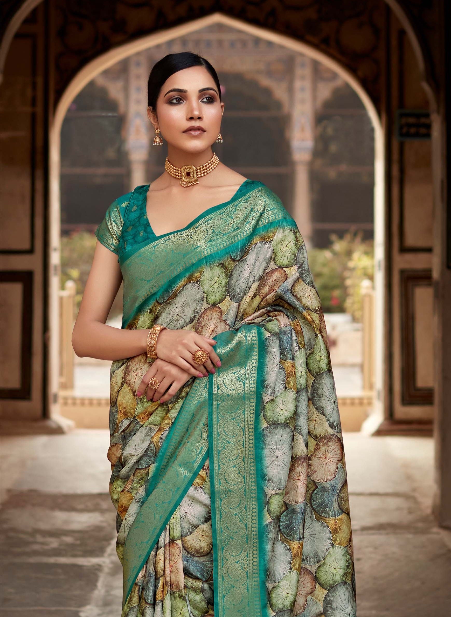 Viridian Green Banarasi Printed Silk Saree