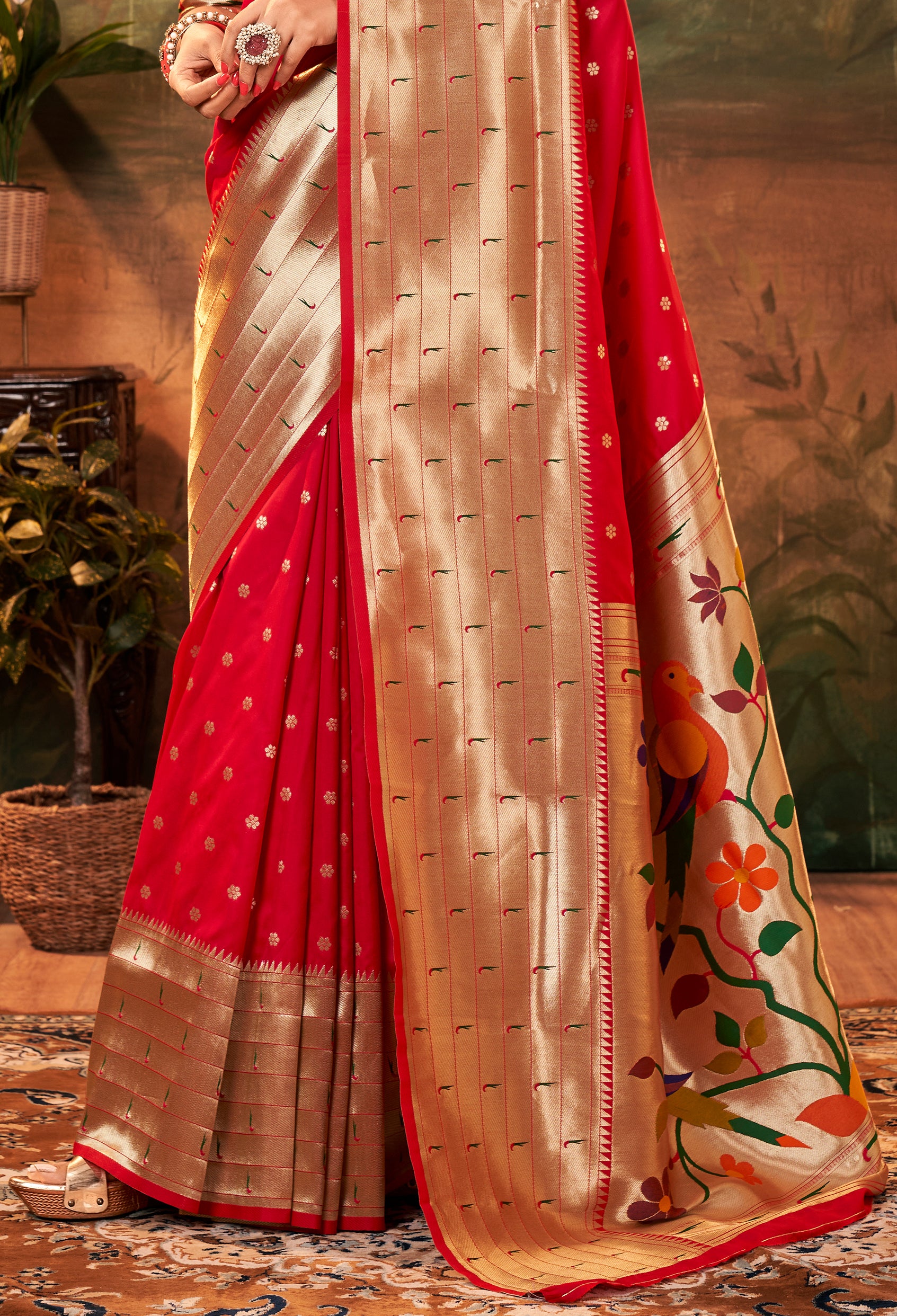 Citrusy Royal Red Pure Paithani Silk with Zari Weaving  Saree