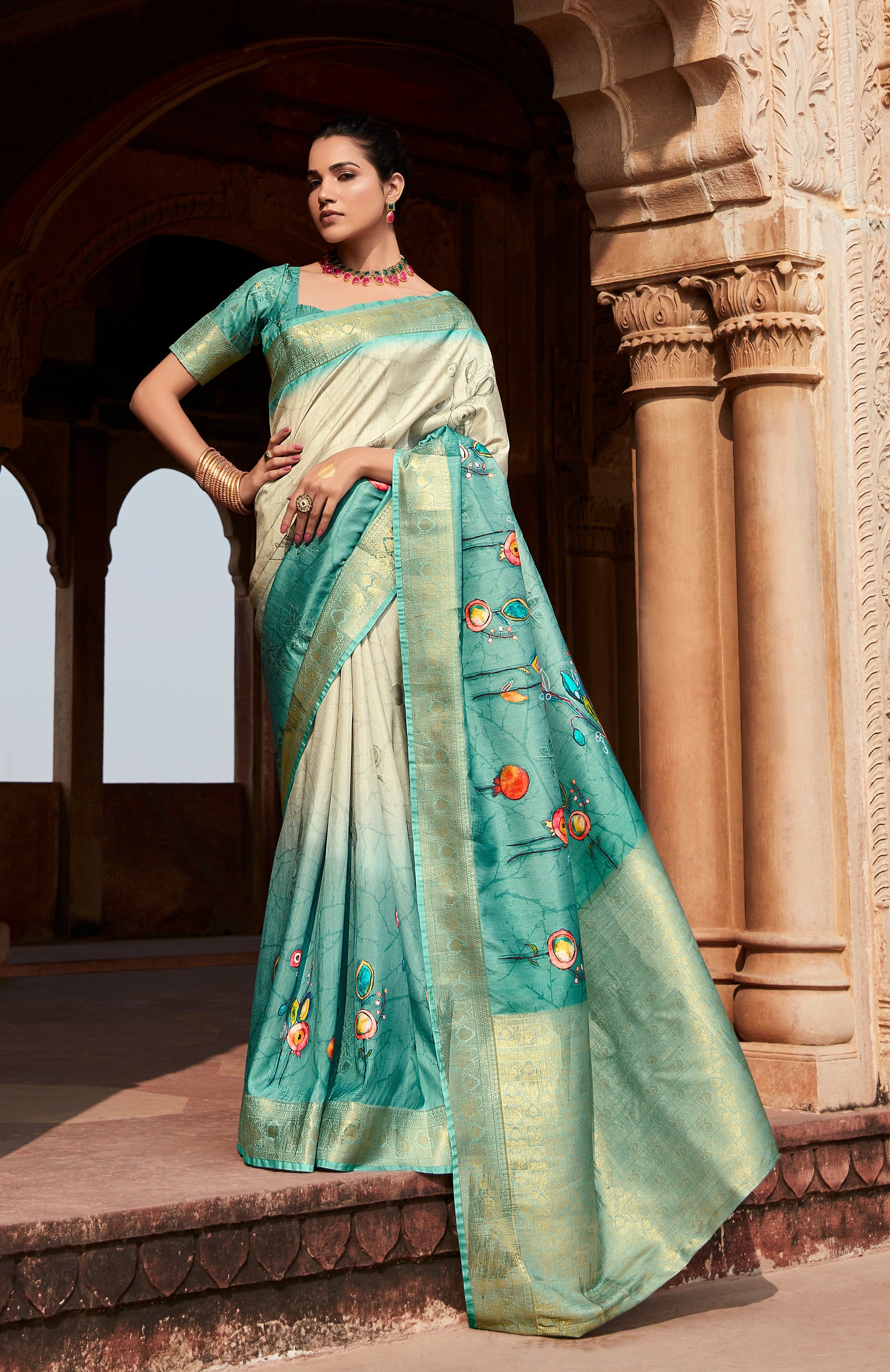 Jade Green Digital Printed Soft Silk Saree