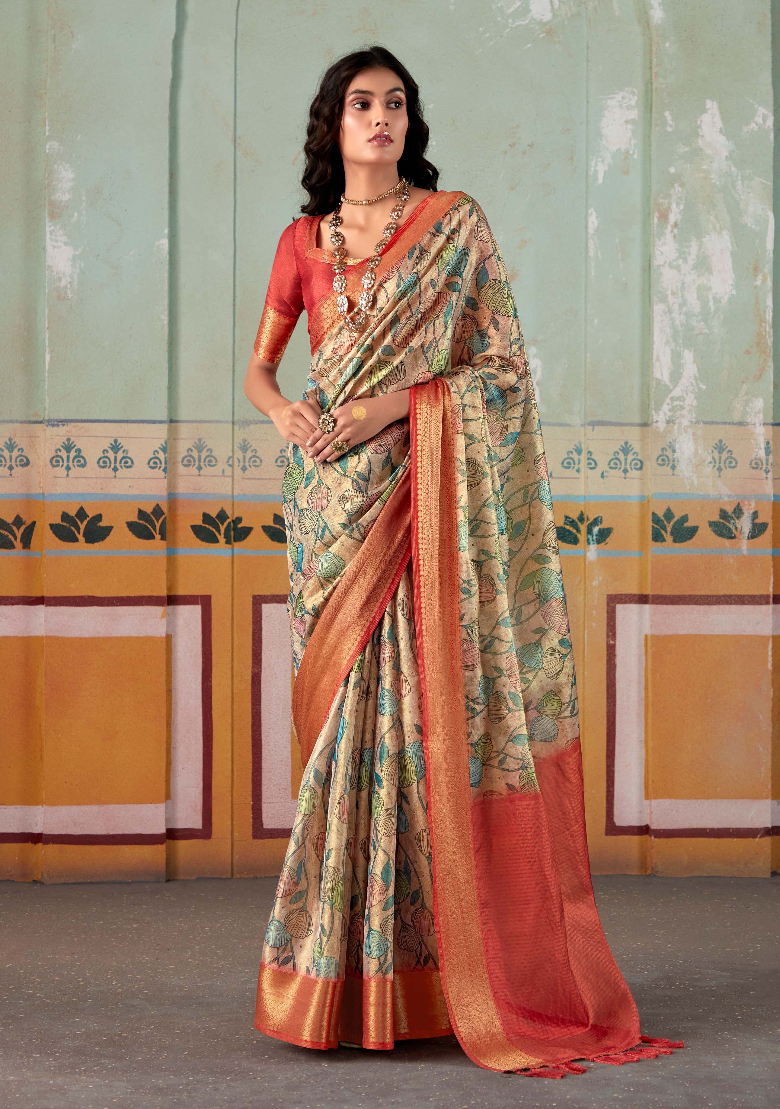 Exquisite Mint Green and Red Banarasi Tissue Silk Saree