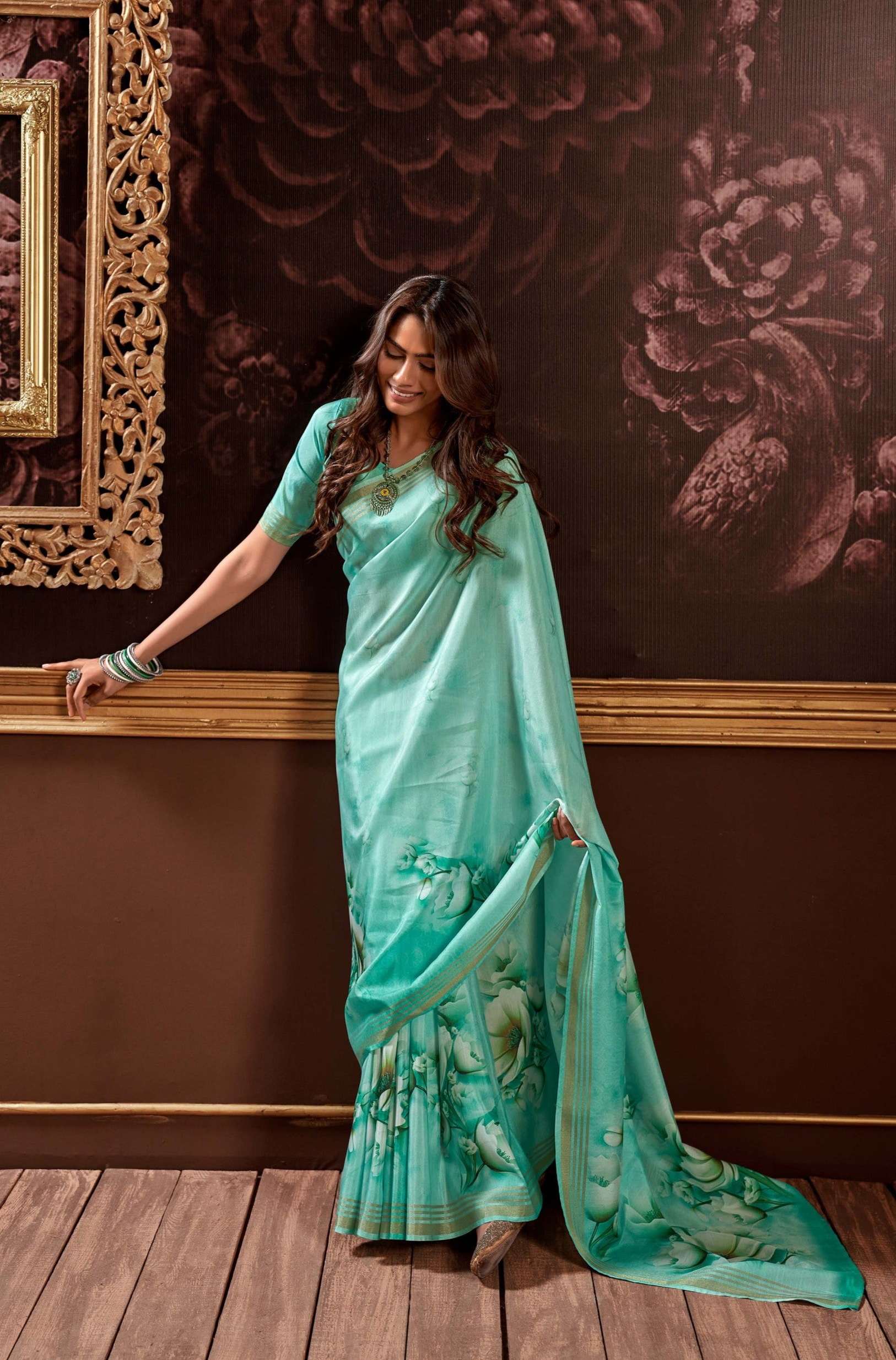 Pine Green Floral Digital Print Satin Silk Saree