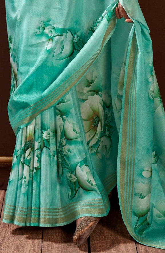 Pine Green Floral Digital Print Satin Silk Saree