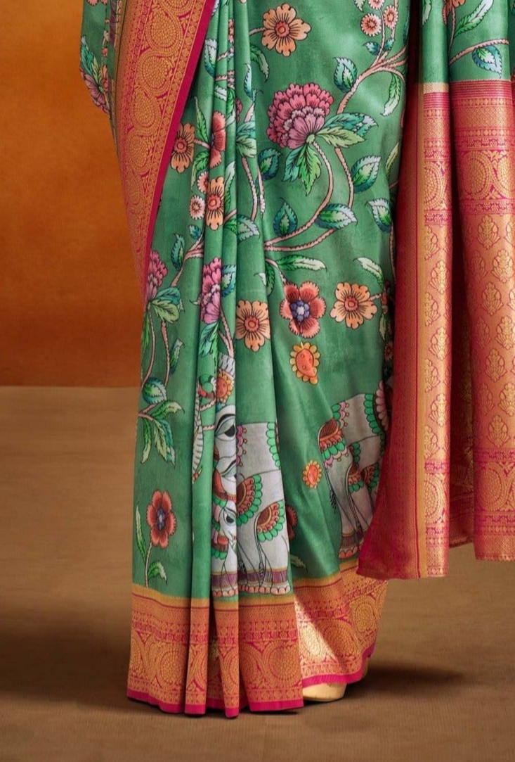 Dual Tone Green and Pink Woven Banarasi Kalamkari Silk Saree