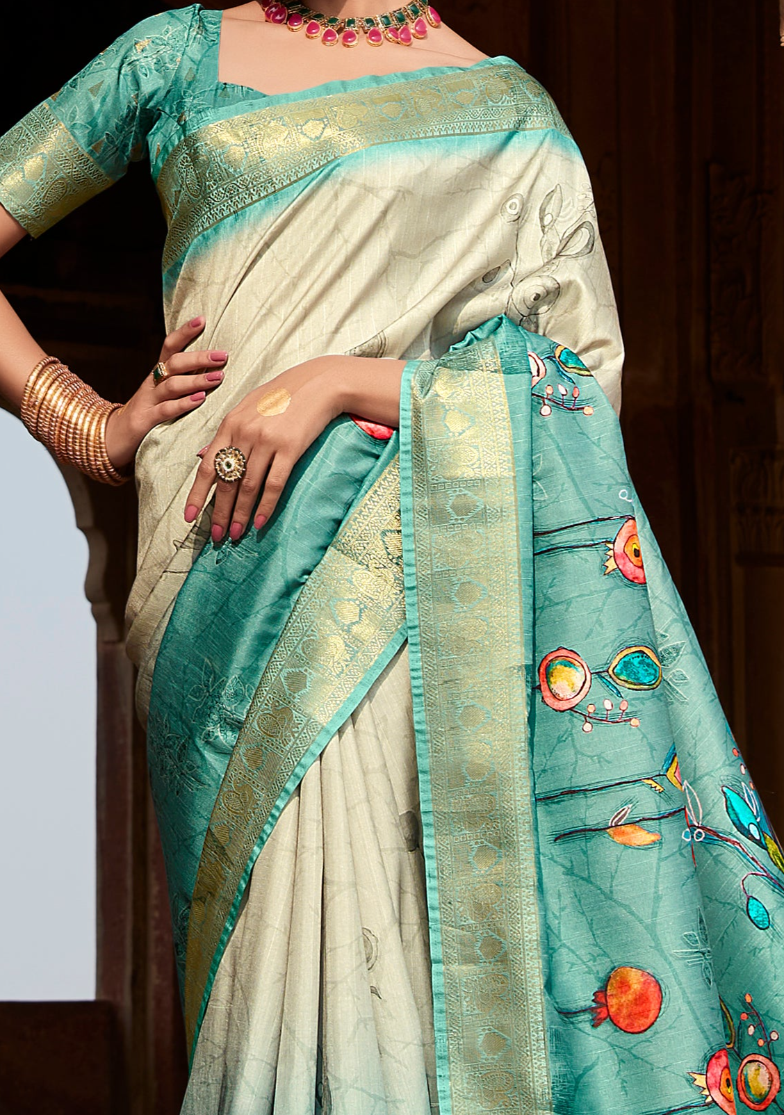 Jade Green Digital Printed Soft Silk Saree