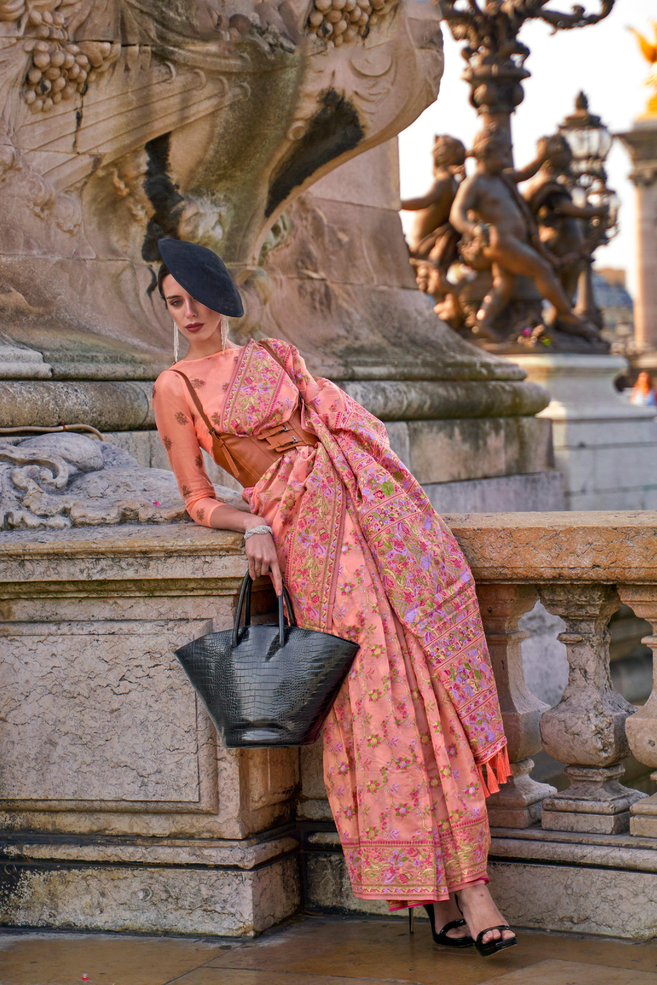 Charming Peach Organza Handloom Parsi Saree