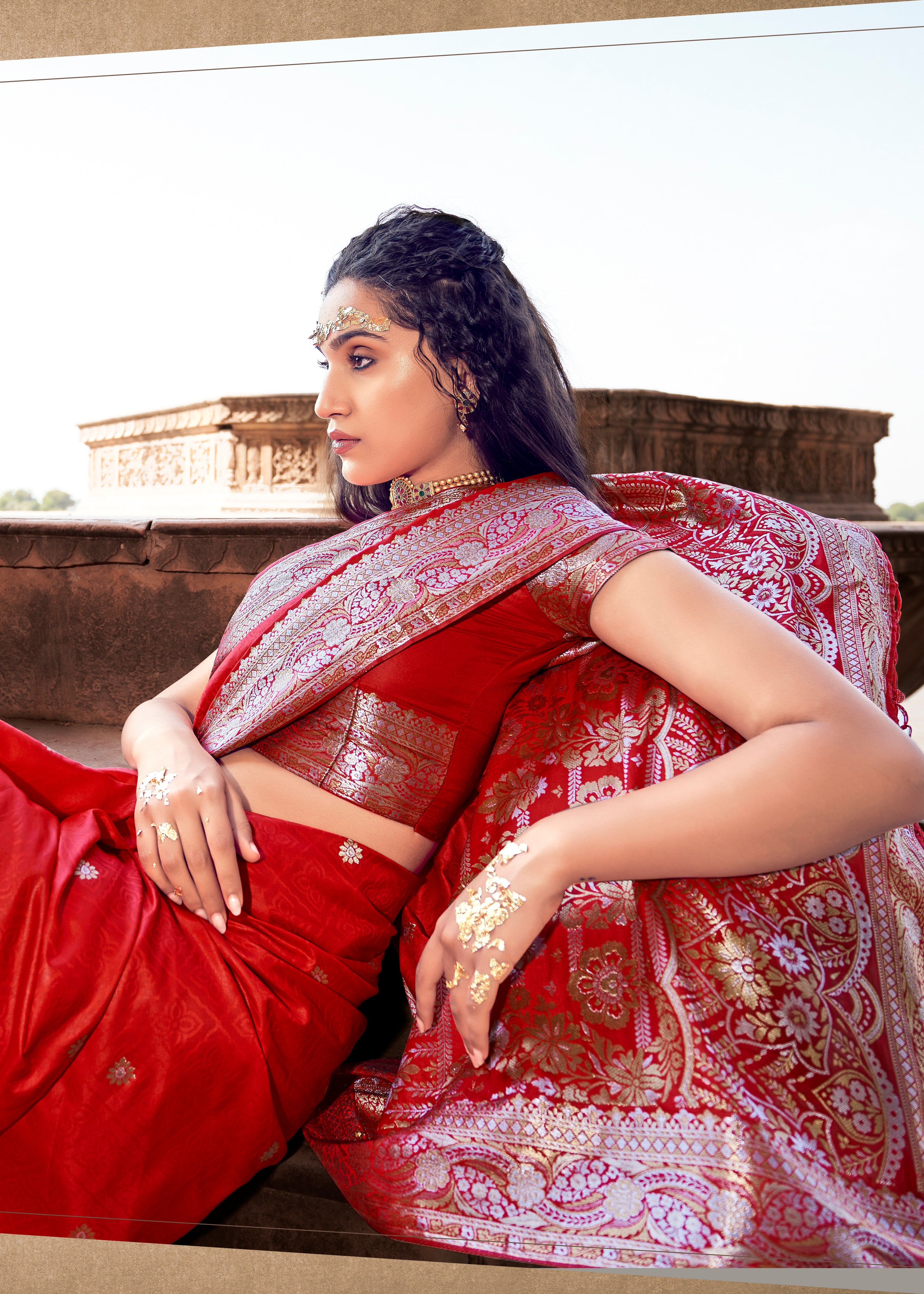 Ruby Red Elegance Banarasi Satin Silk Saree