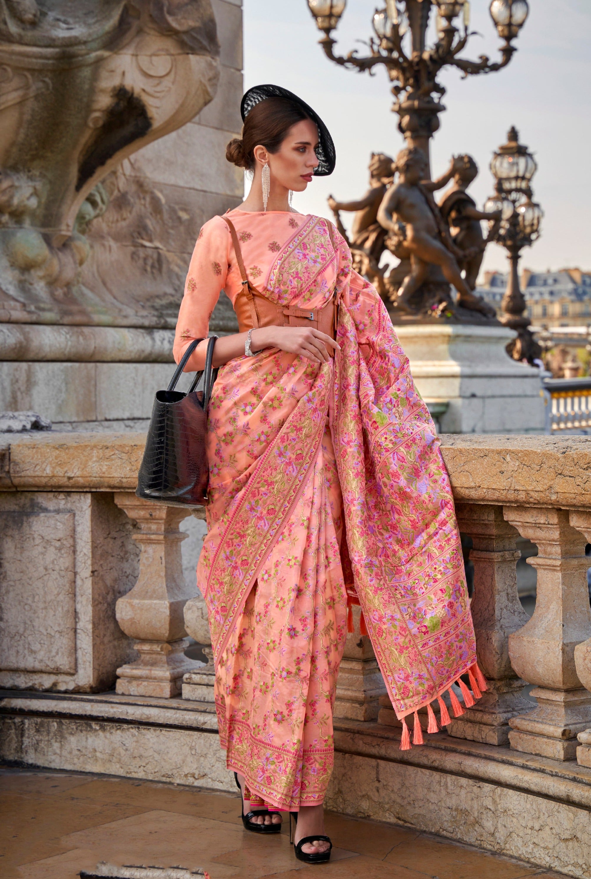 Charming Peach Organza Handloom Parsi Saree