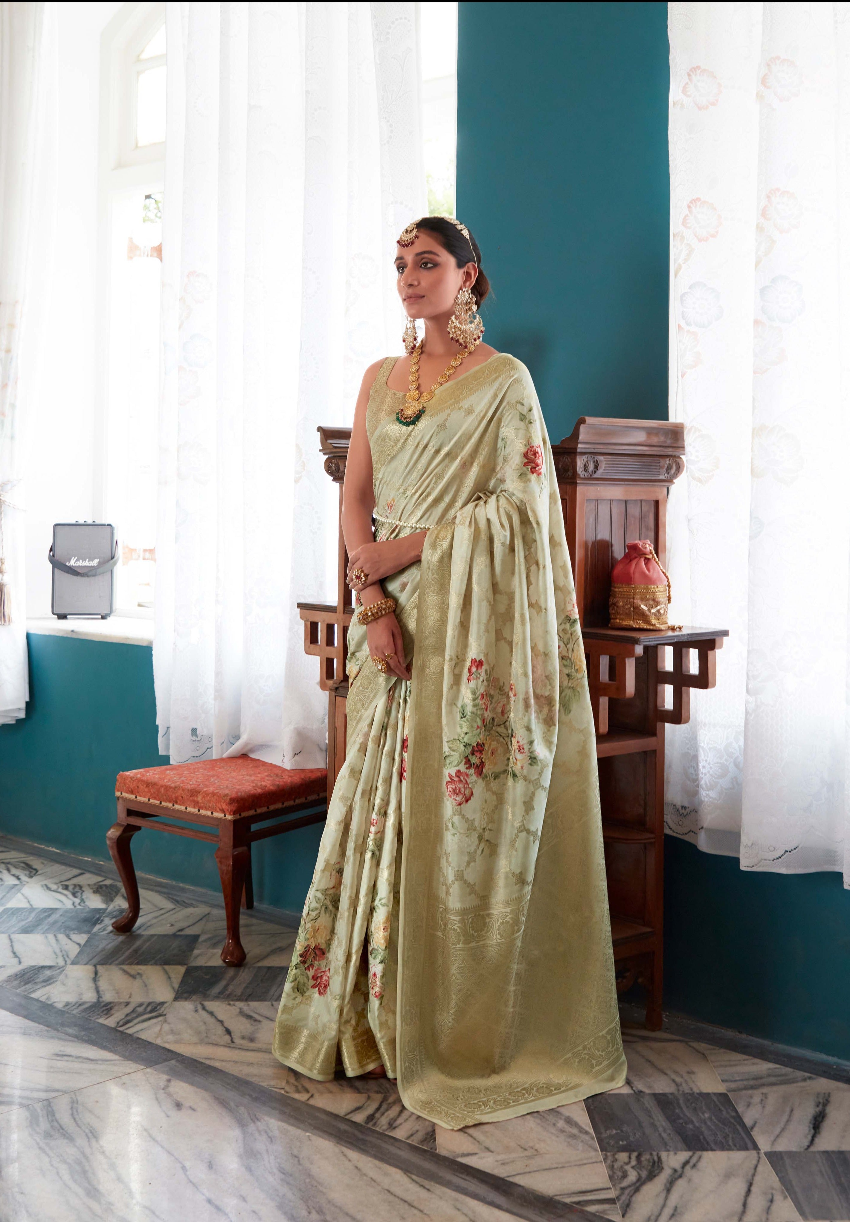 Spring Green Woven Banarasi Floral Printed Silk Saree