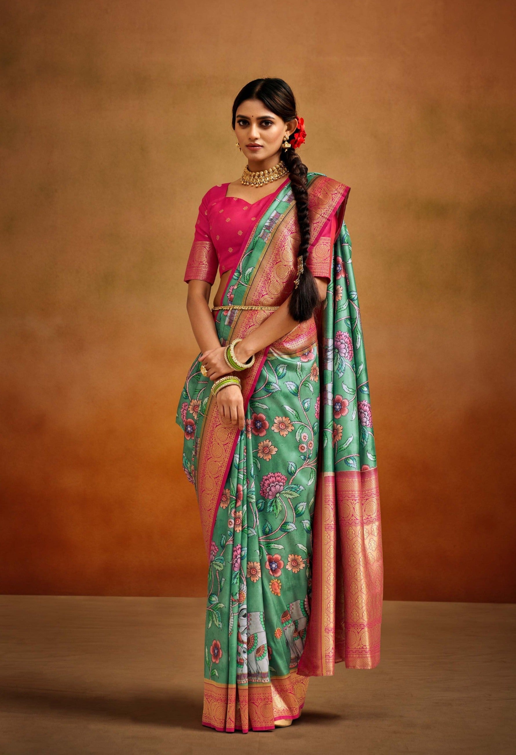 Dual Tone Green and Pink Woven Banarasi Kalamkari Silk Saree