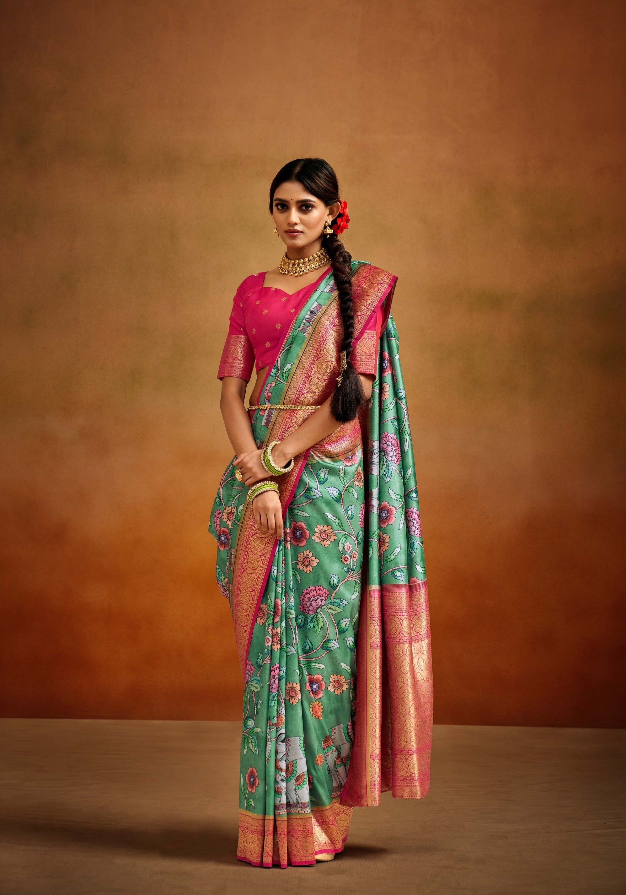 Dual Tone Green and Pink Woven Banarasi Kalamkari Silk Saree