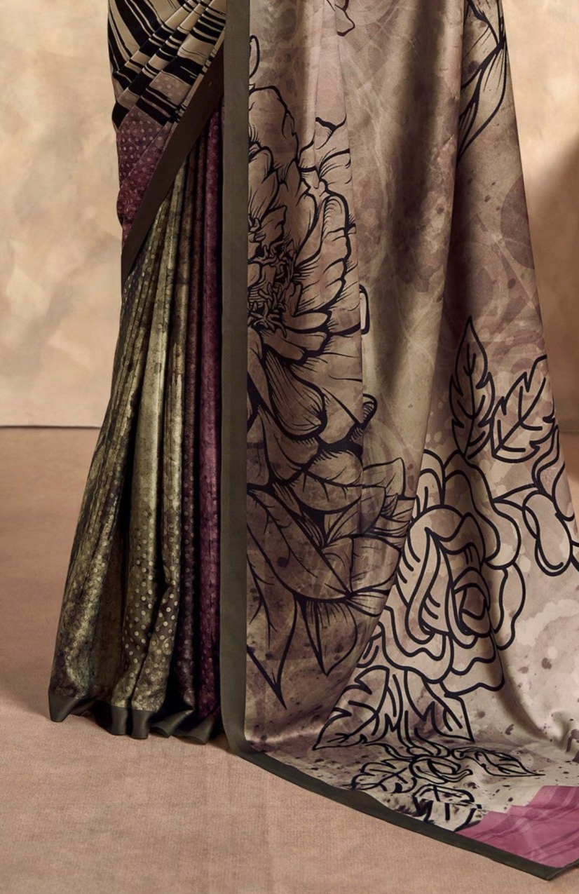 Sardine Grey and Green Digital Printed Soft Silk Saree